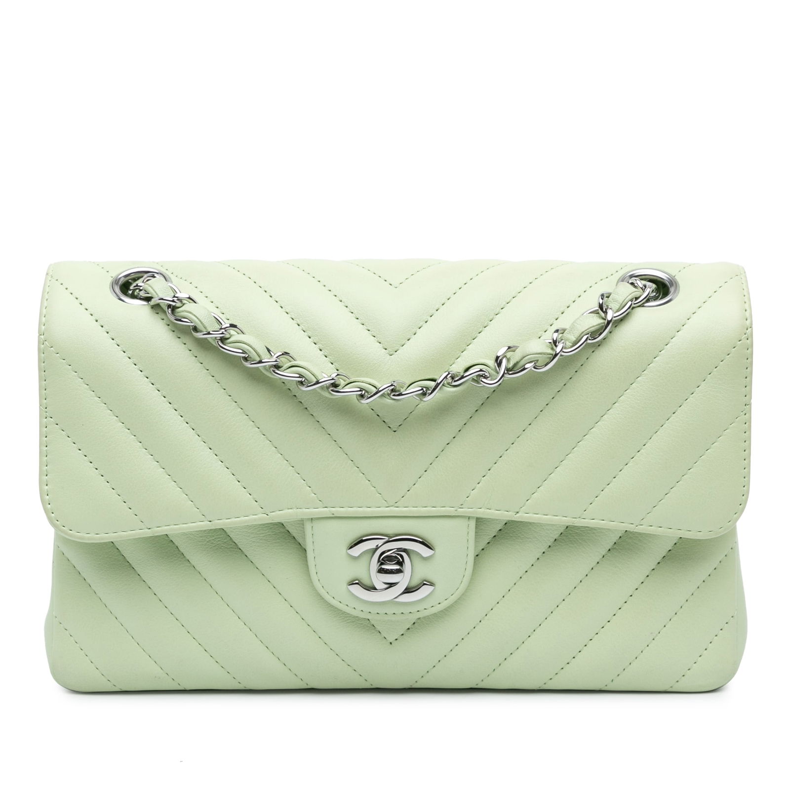 Chanel Small Classic Chevron Green Lambskin Double Flap Bag: Chanel Small Classic Chevron Green Lambskin Double Flap Bag Introducing the Chanel Small Classic Chevron Lambskin Double Flap, an exquisite shoulder bag crafted from luxurious quilted lambskin leather