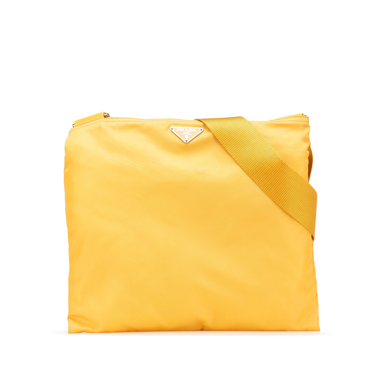 Prada Tessuto Zip Top Crossbody Bag Yellow Nylon Italy: Prada Tessuto Zip Top Crossbody Bag Yellow Nylon Italy Prada Tessuto Zip Top Crossbody bag crafted from durable nylon, featuring a vibrant yellow color. This stylish bag is designed with an adjustable