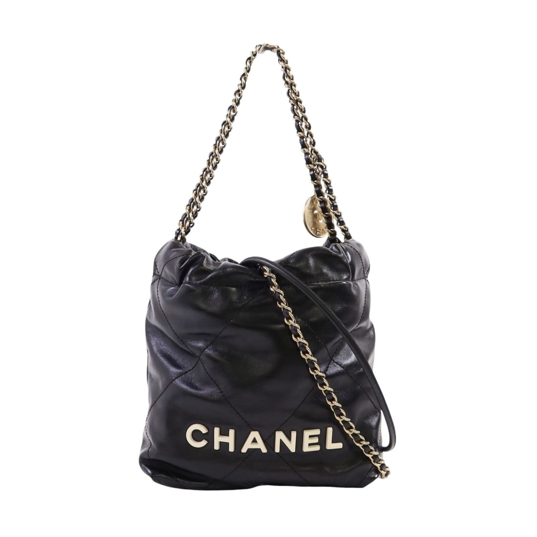 Chanel Mini 22 Black Calfskin Leather Shoulder Bag with Gold Chain Hardware: Chanel Mini 22 Black Calfskin Leather Shoulder Bag with Gold Chain Hardware This CHANEL Mini 22 chain hand and shoulder bag is crafted from black calfskin leather and features the iconic CC design. De