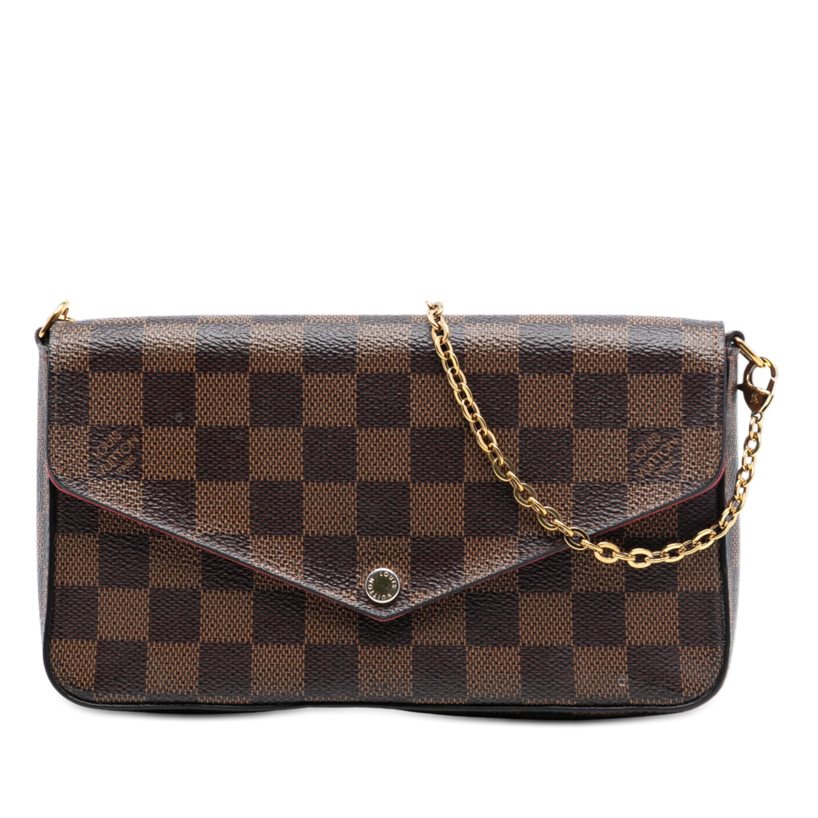 Louis Vuitton Pochette Felicie Damier Ebene Crossbody Bag with Chain Strap: Louis Vuitton Pochette Felicie Damier Ebene Crossbody Bag with Chain Strap This Louis Vuitton Damier Ebene Pochette Felicie crossbody bag features a brown Damier Ebene canvas body with a detachable go