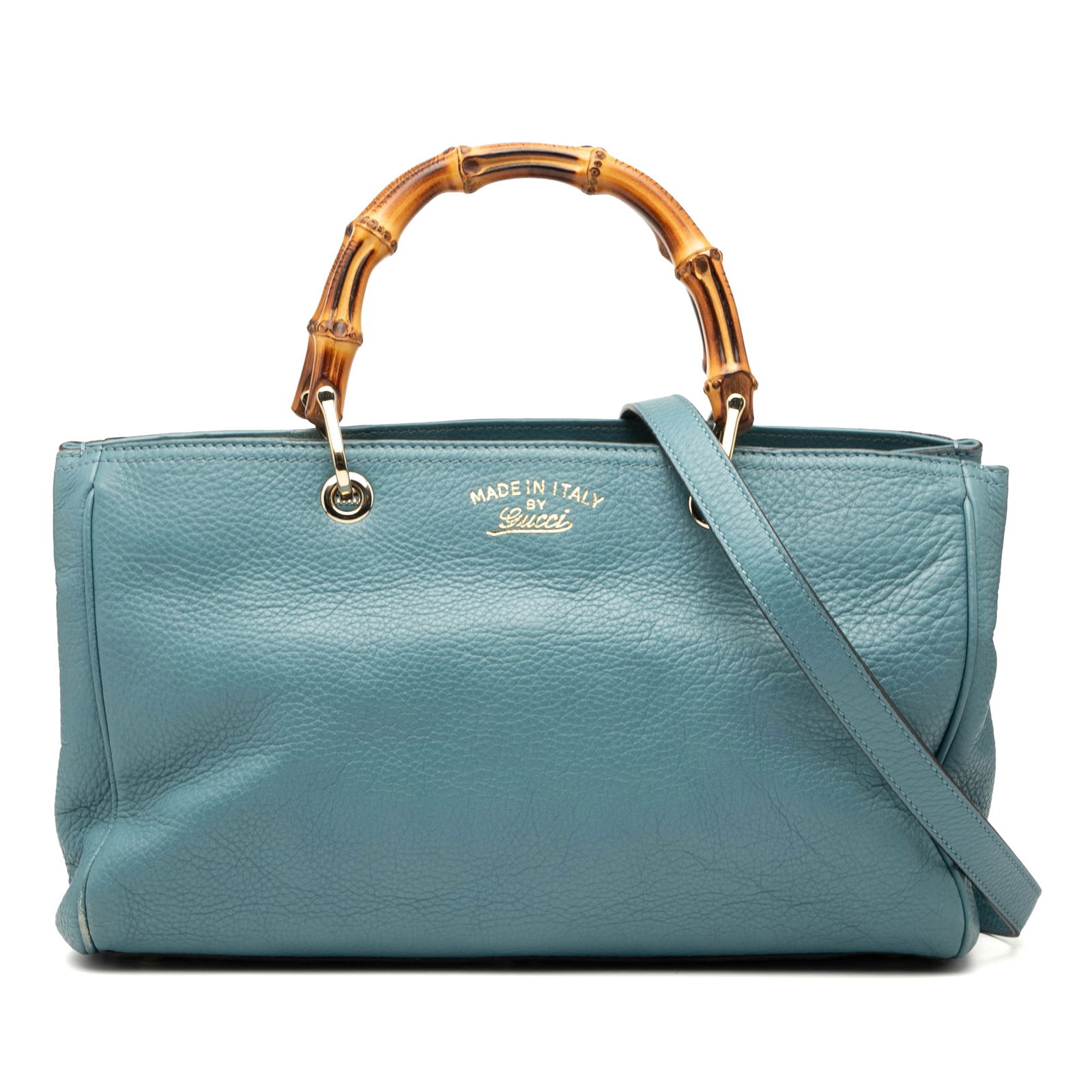 Gucci Bamboo Shopper Medium Leather Satchel with Detachable Strap: Gucci Bamboo Shopper Medium Leather Satchel with Detachable Strap This Gucci Medium Calfskin Bamboo Shopper Satchel features a leather body in blue, signature bamboo top handles, a detachable flat lea