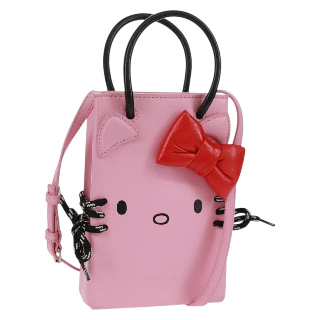 Pink Hello Kitty Calfskin Handbag by Balenciaga with Shoulder Strap: Pink Hello Kitty Calfskin Handbag by Balenciaga with Shoulder Strap This Balenciaga 2020s Spring/Summer Hello Kitty handbag is crafted from pink calfskin leather and designed for 2-way use as a handba