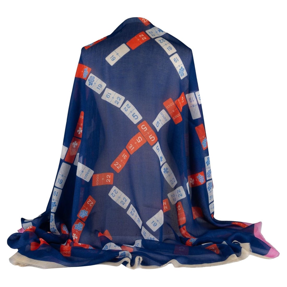 Chanel Navy White Cashmere Shawl 54x54 Italy 21st Century: Chanel Navy White Cashmere Shawl 54x54 Italy 21st Century Elevate your wardrobe with this exquisite Chanel Cashmere Shawl, featuring a stunning navy, red, and white color combination. This versatile a