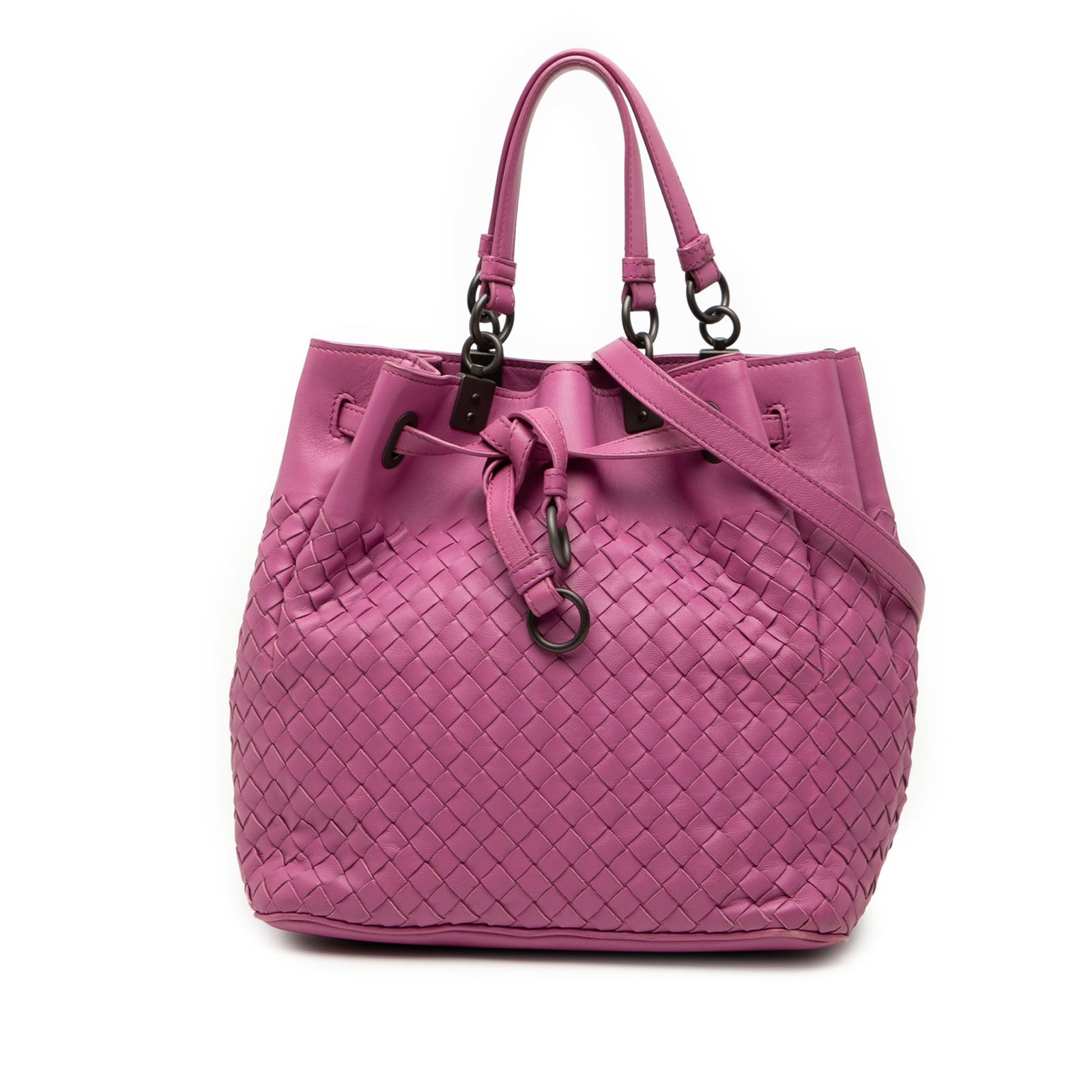 Bottega Veneta Pink Nappa Intrecciato Bucket Bag Leather: Bottega Veneta Pink Nappa Intrecciato Bucket Bag Leather Elevate your accessory collection with the Bottega Veneta Nappa Intrecciato Bucket Bag. Crafted from luxurious woven nappa leather, this stylis