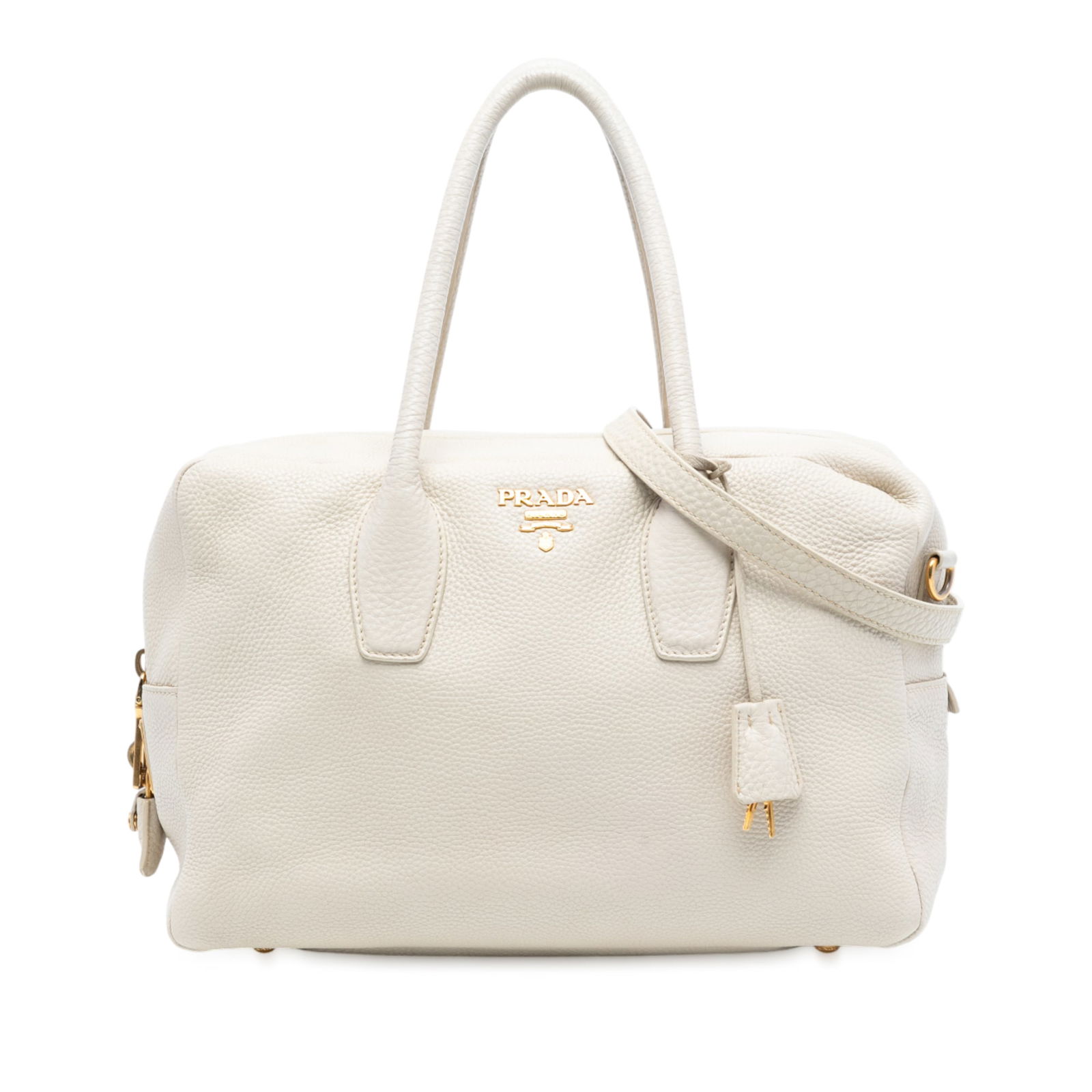 White Prada Vitello Daino Bauletto Leather Satchel with Detachable Strap (1 of 6)