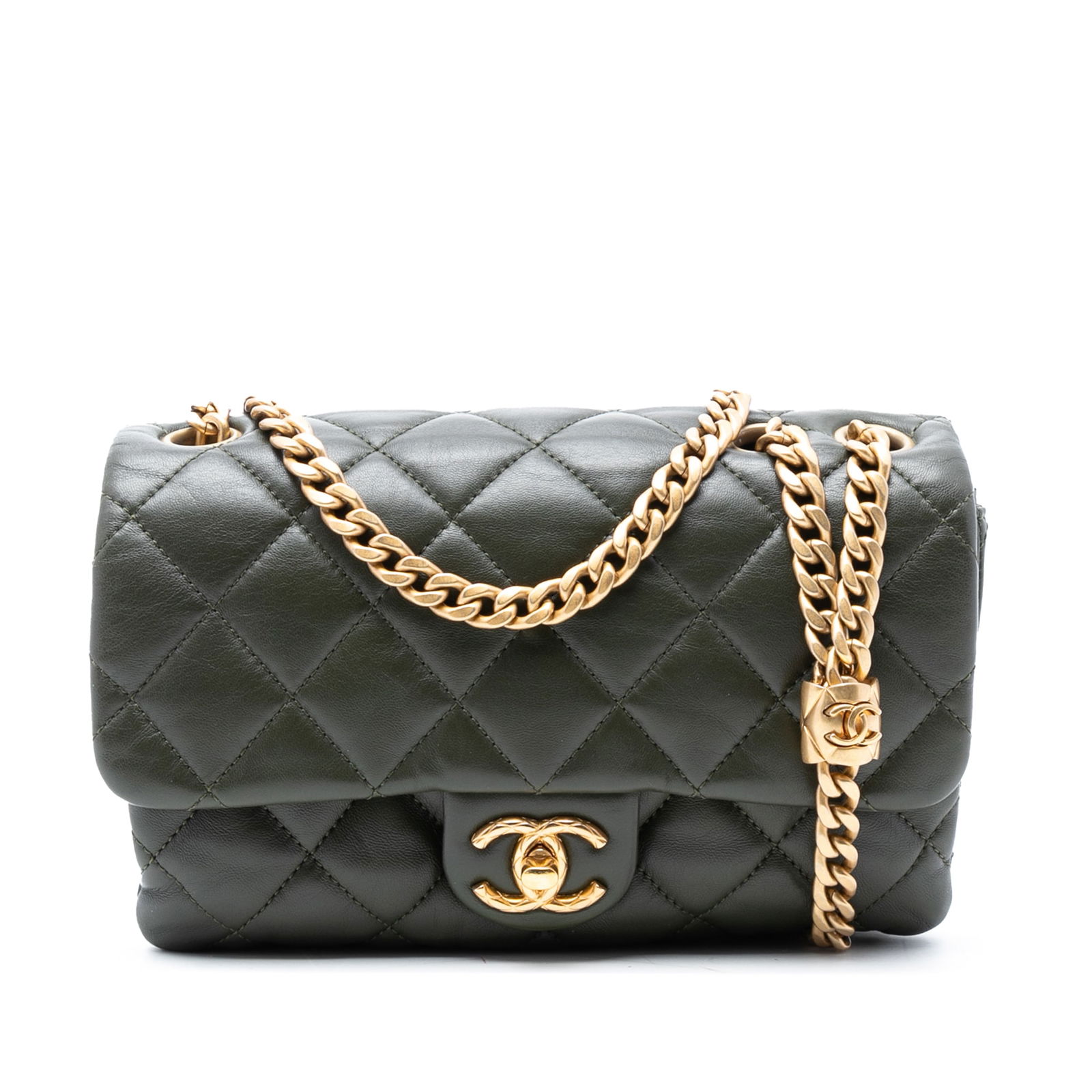 Chanel Pillow Crush Small Green Quilted Lambskin Flap Shoulder Bag: Chanel Pillow Crush Small Green Quilted Lambskin Flap Shoulder Bag This Chanel Small Quilted Lambskin Pillow Crush Flap crossbody bag features a quilted lambskin leather body in green, a leather woven