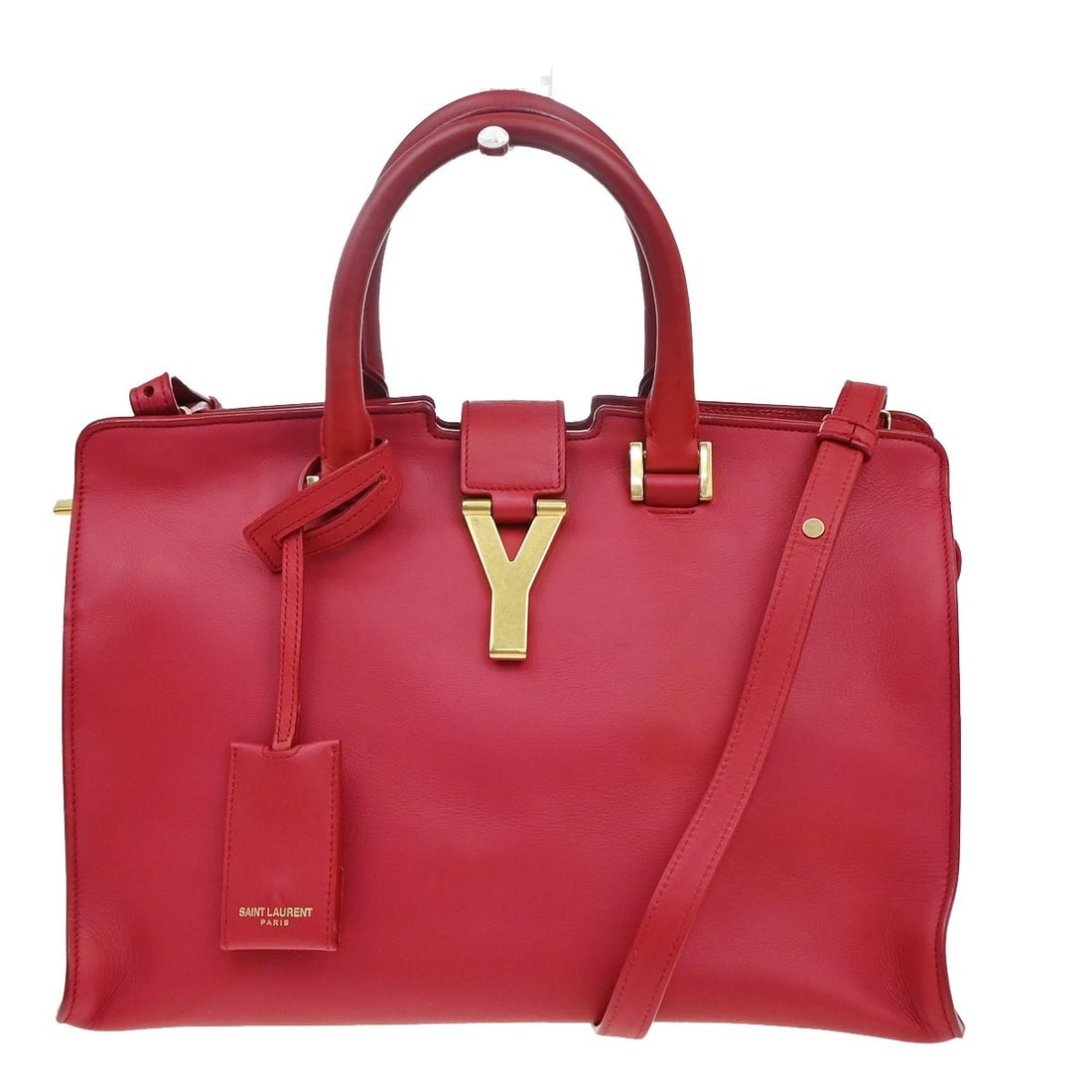 Red Leather Classic Y Cabas Bag by Saint Laurent: Red Leather Classic Y Cabas Bag by Saint Laurent This Saint Laurent Classic Y Cabas handbag features a sophisticated red leather exterior and is designed for women. The bag is pre-owned and in very go