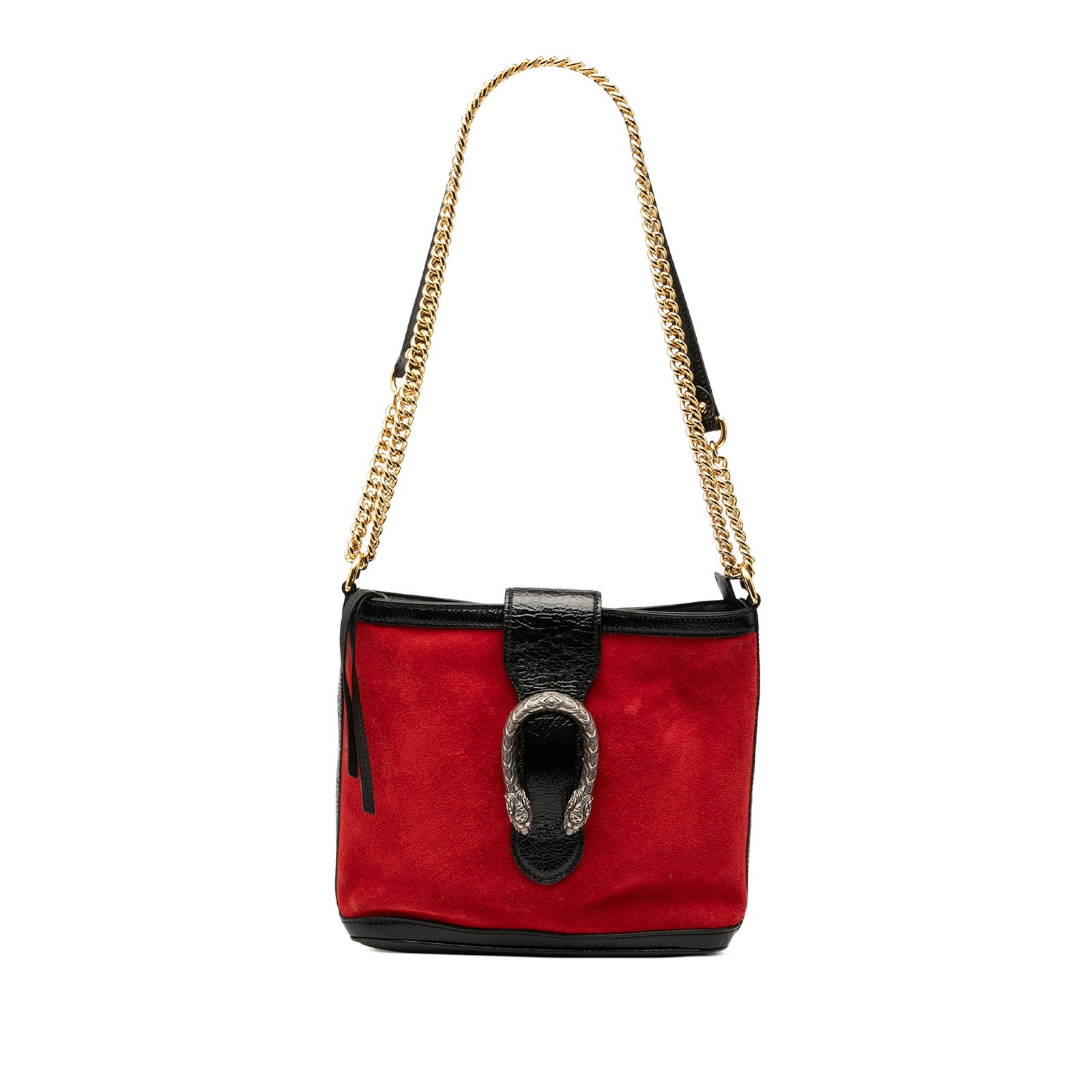 Gucci Red Suede Dionysus Bucket Bag with Leather Trim: Gucci Red Suede Dionysus Bucket Bag with Leather Trim Elevate your accessory game with the Gucci Suede Dionysus Bucket Bag. This stylish bucket bag showcases a luxurious suede body complemented by pat