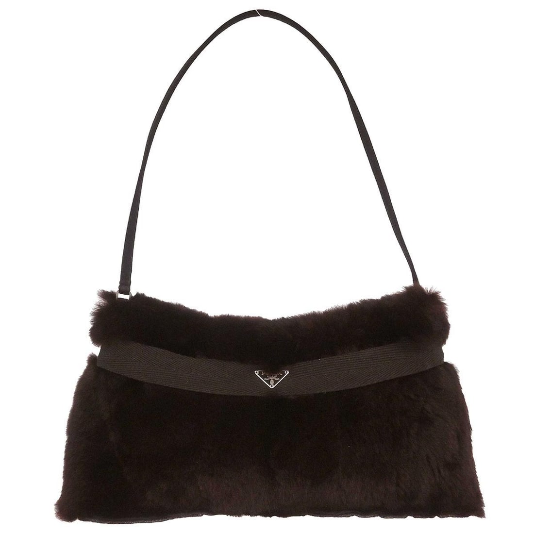 Brown Kolinsky Fur Top Handle Bag by Prada Small Size: Brown Kolinsky Fur Top Handle Bag by Prada Small Size This Prada top handle handbag features brown dyed Kolinsky fur on the exterior, complemented by the signature logo accent. Designed for casual occ