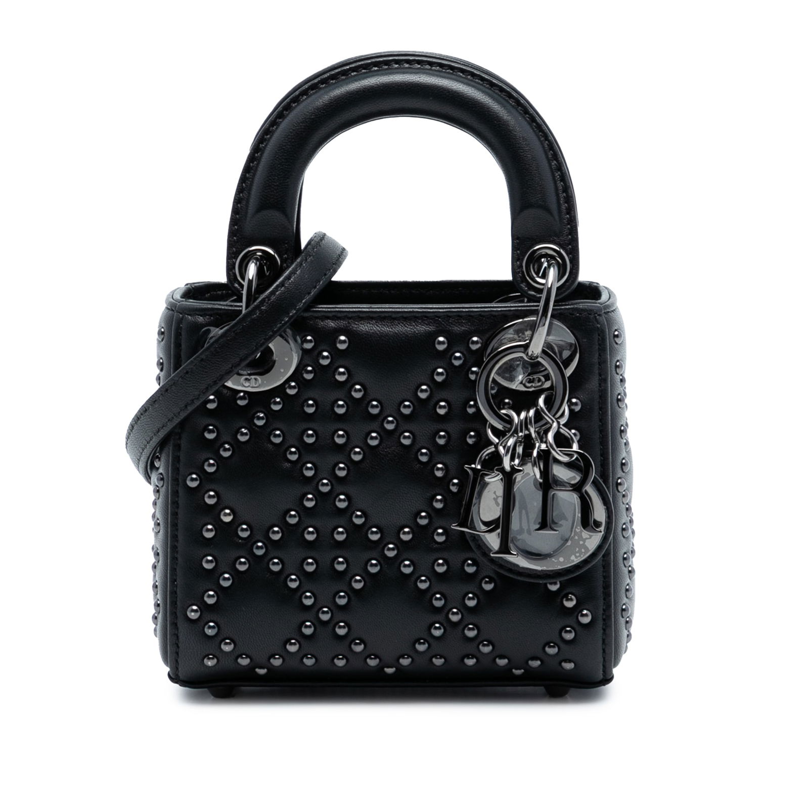 Dior Lady Dior Micro Black Studded Lambskin Satchel with Detachable Strap: Dior Lady Dior Micro Black Studded Lambskin Satchel with Detachable Strap This Lady Dior satchel showcases a black studded lambskin leather exterior with flat handles and a detachable, flat studded le