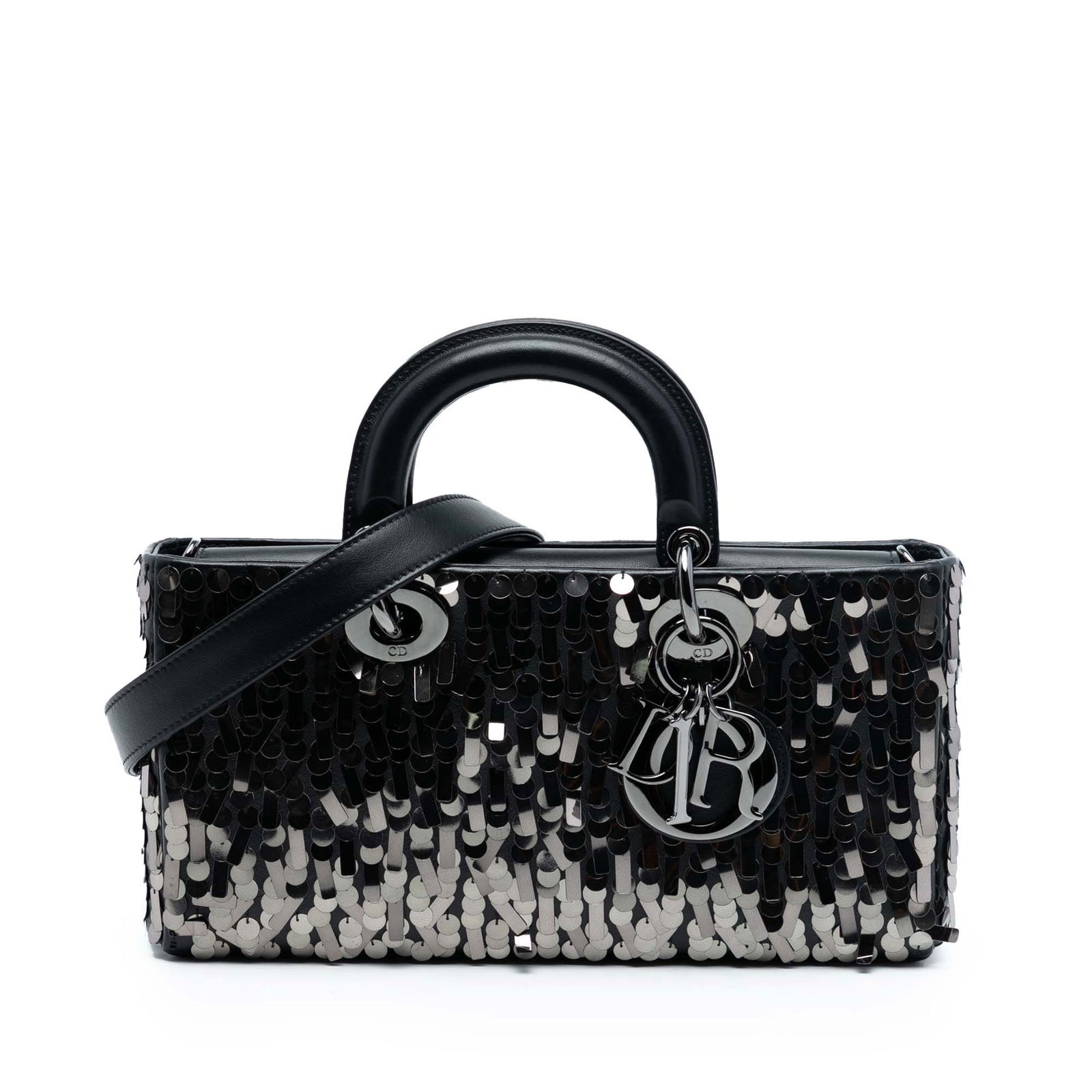 Dior Lady D Joy Medium Black Sequin Calfskin Handbag with Strap: Dior Lady D Joy Medium Black Sequin Calfskin Handbag with Strap This Dior Medium Calfskin Sequin Embellished Lady D Joy bag features a sequined calf leather exterior in black, flat top handles, a deta
