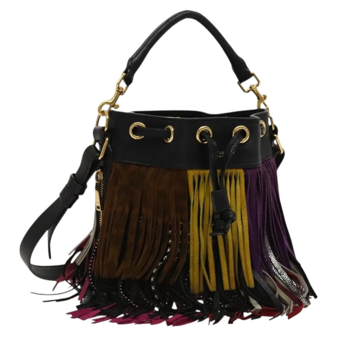 Saint Laurent Emmanuelle Leather Bucket Bag with Fringe: Saint Laurent Emmanuelle Leather Bucket Bag with Fringe This Saint Laurent Fringe Emmanuelle bucket bag is crafted from leather in a multicolour design. It features a shoulder strap and metal fittings