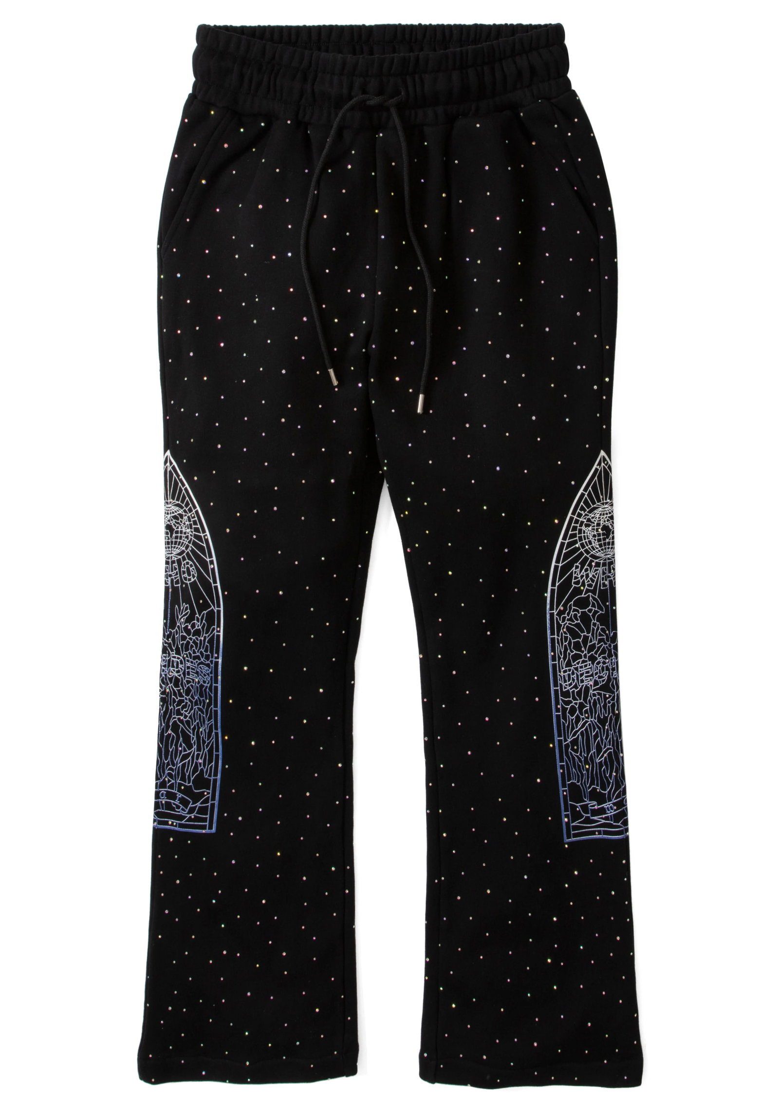 Black Rhinestone Sweatpants by Who Decides War Flared Streetwear Style: Black Rhinestone Sweatpants by Who Decides War Flared Streetwear Style These black sweatpants from Who Decides War feature shimmering rhinestone accents that elevate their streetwear style. Made from