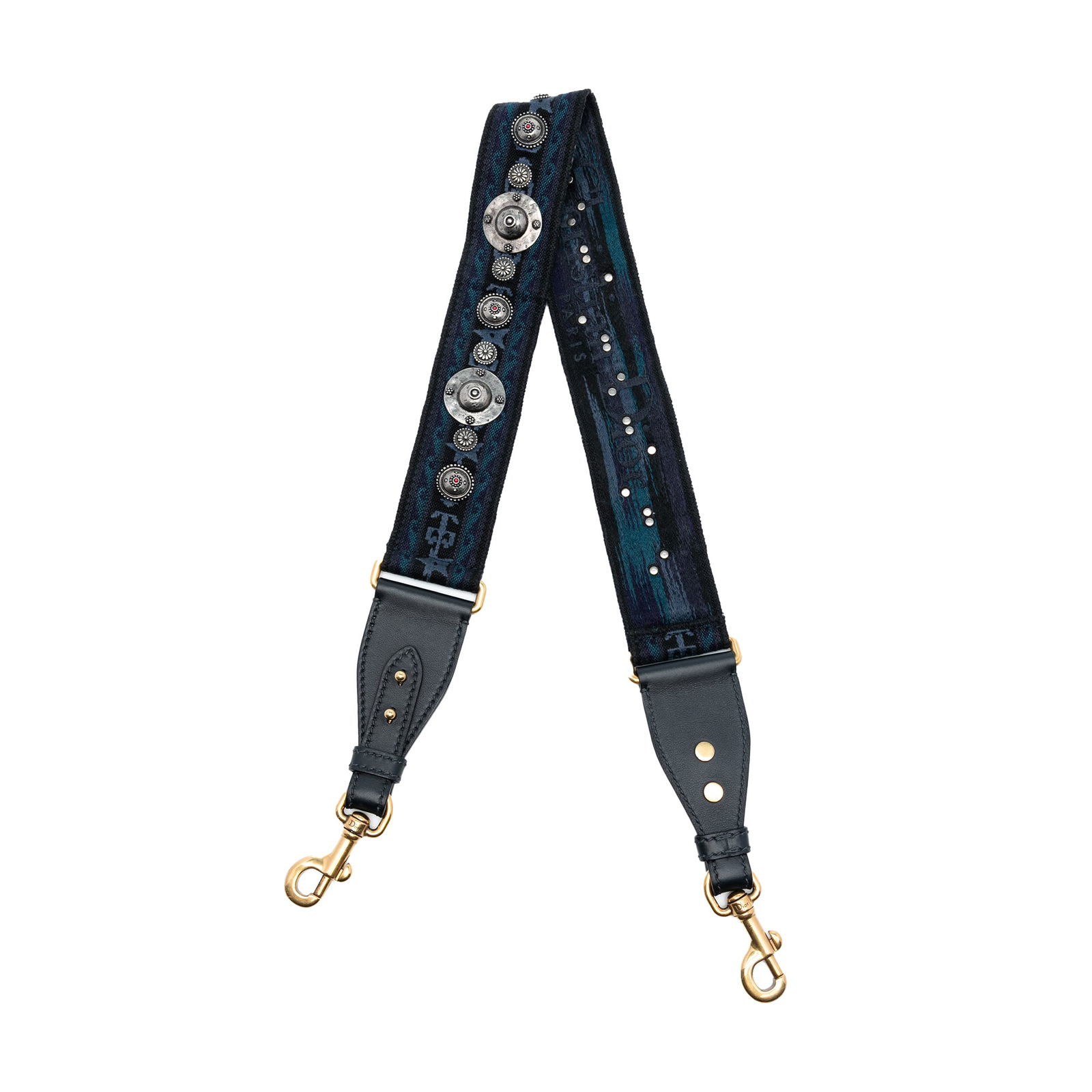 Dior Blue Studded Canvas Embroidered Bag Strap: Dior Blue Studded Canvas Embroidered Bag Strap Enhance your style with this Dior Studded Canvas Embroidered Bag Strap. Crafted with a studded canvas body, this shoulder strap features elegant leather