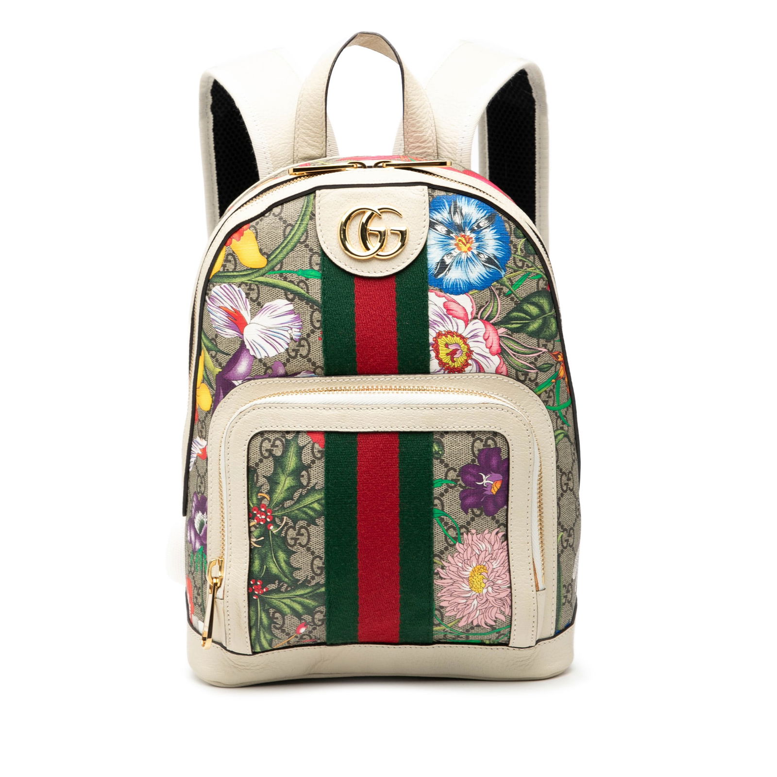 Gucci Ophidia Flora GG Supreme Small Canvas Backpack with Leather Trim: Gucci Ophidia Flora GG Supreme Small Canvas Backpack with Leather Trim This Gucci Small GG Supreme Flora Ophidia Backpack features a coated canvas body with leather trim, flat leather straps, a top zi