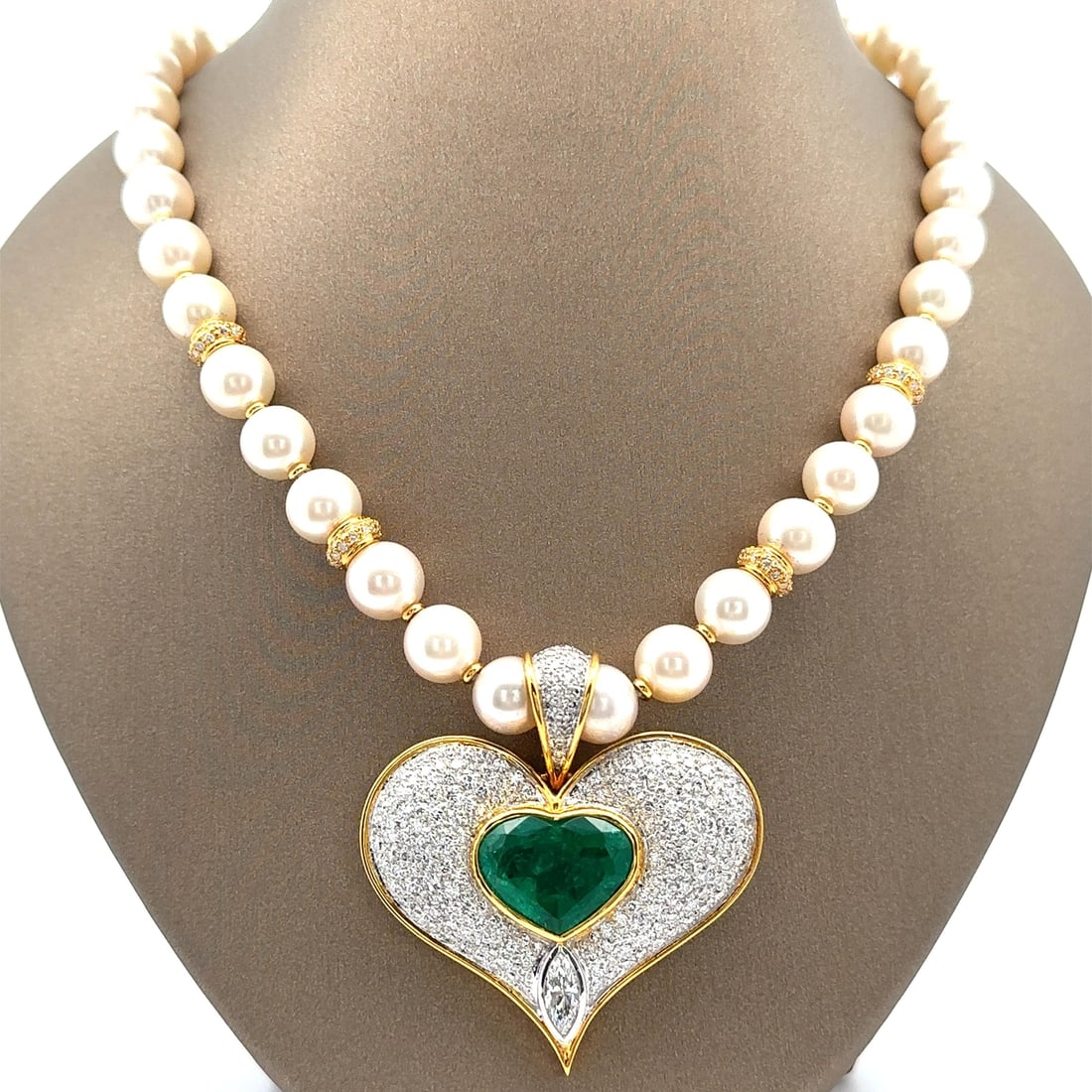 14.01ctw GIA Certified Emerald Diamond Heart Pendant Necklace in 18k Gold: 14.01ctw GIA Certified Emerald Diamond Heart Pendant Necklace in 18k Gold This stunning heart enhancer pendant necklace features a captivating combination of natural emeralds, diamonds, and cultured p