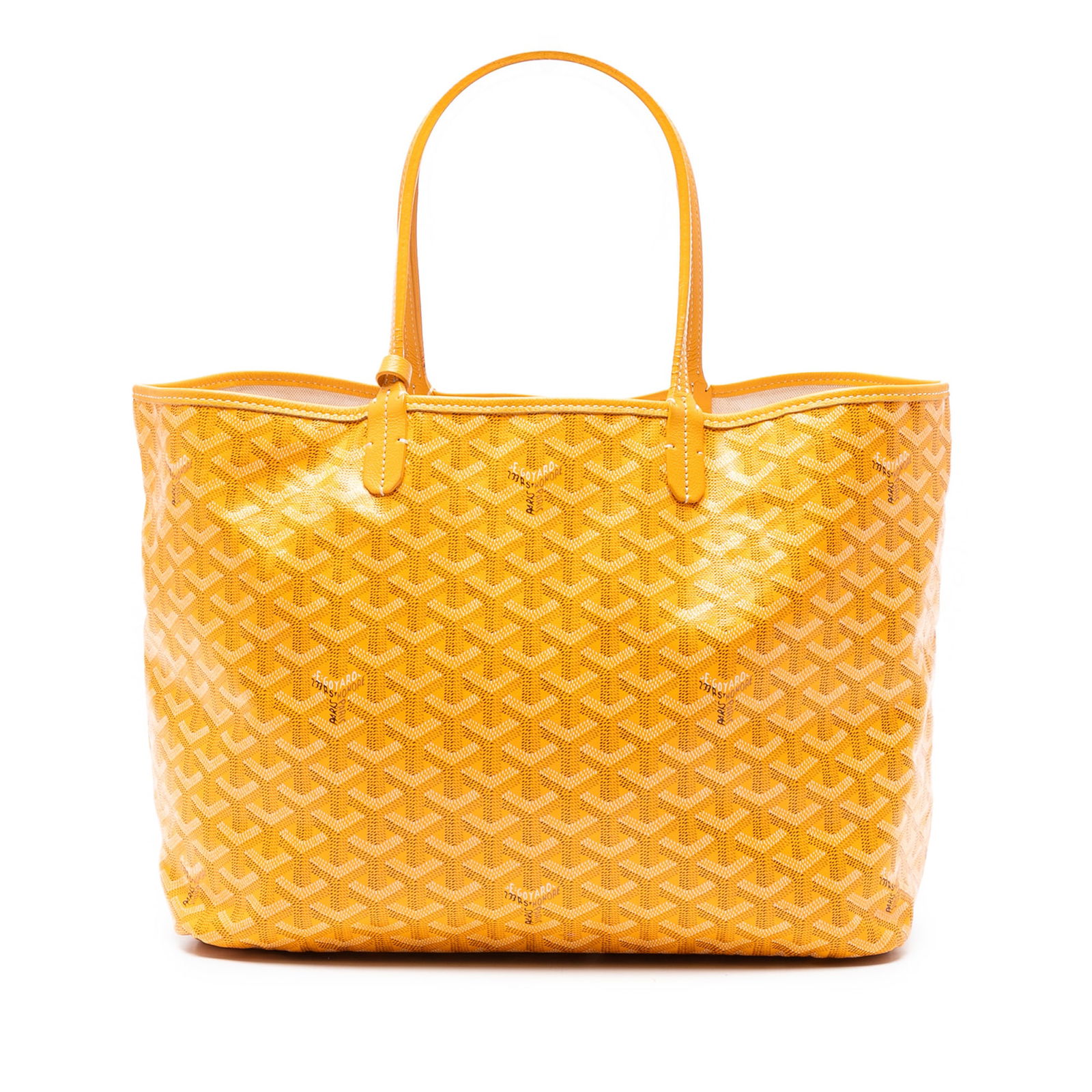 Goyardine Saint Louis PM Yellow Coated Canvas Bag: Goyardine Saint Louis PM Yellow Coated Canvas Bag The Goyardine Saint Louis PM is a stylish and functional tote bag crafted from durable coated canvas. It features flat leather handles and an open top