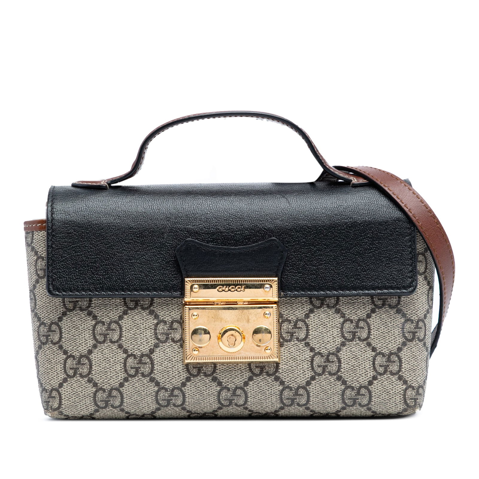 Gucci Mini GG Supreme Padlock Satchel Coated Canvas Brown: Gucci Mini GG Supreme Padlock Satchel Coated Canvas Brown This Gucci Mini GG Supreme Padlock Satchel showcases a stylish design with a coated canvas body and leather trim. The satchel features a flat