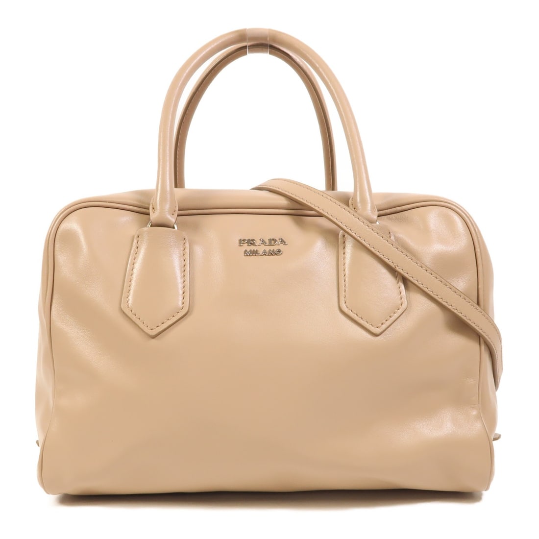 Prada Lambskin 2way Shoulder Bag Beige Leather Design 1BB010 Silver Hardware: Prada Lambskin 2way Shoulder Bag Beige Leather Design 1BB010 Silver Hardware This Prada 2-way shoulder bag is crafted from beige lambskin leather, offering a versatile style suitable for multiple carr