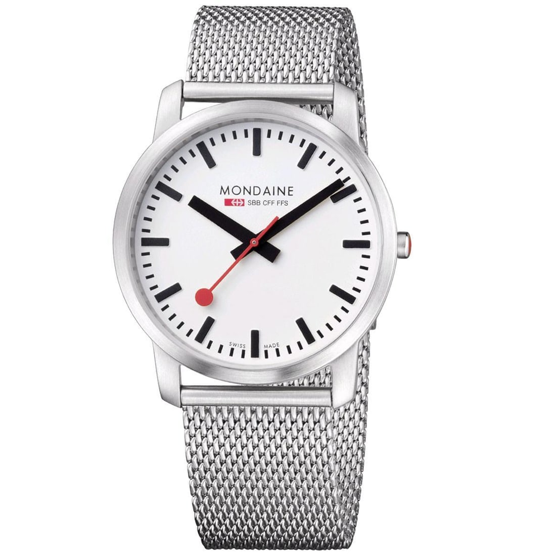 Mondaine Simply Elegant Steel Watch White Dial Gray Mesh Band A638.30350.16SBM: Mondaine Simply Elegant Steel Watch White Dial Gray Mesh Band A638.30350.16SBM Introducing the Mondaine Simply Elegant Steel Watch, a perfect blend of casual and formal style for the modern man. This