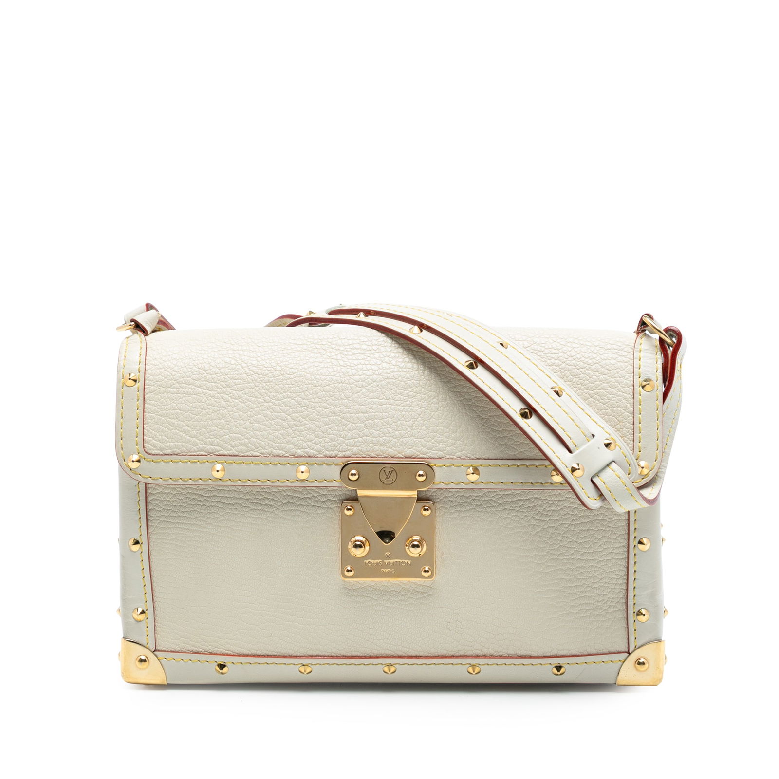 Louis Vuitton Suhali L'Aimable White Leather Shoulder Bag with Gold Studs: Louis Vuitton Suhali L'Aimable White Leather Shoulder Bag with Gold Studs The Louis Vuitton L'Aimable bag features a Suhali leather body adorned with gold-tone studs, a flat leather strap, and a front