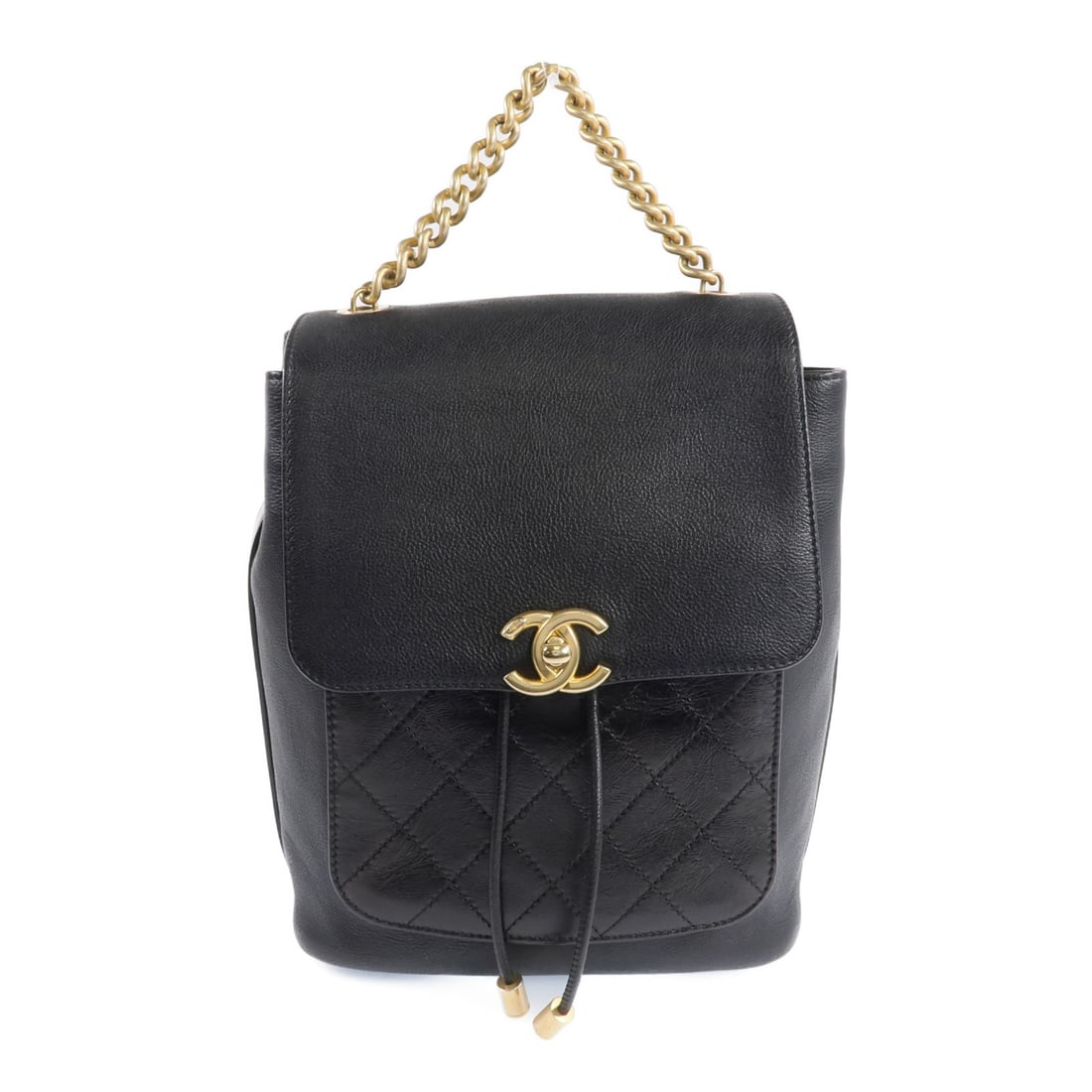 Black Calfskin CHANEL Backpack with Gold Tone CC Hardware: Black Calfskin CHANEL Backpack with Gold Tone CC Hardware This CHANEL rucksack backpack is crafted from black calfskin leather and features a classic design. The backpack offers a regular size with a