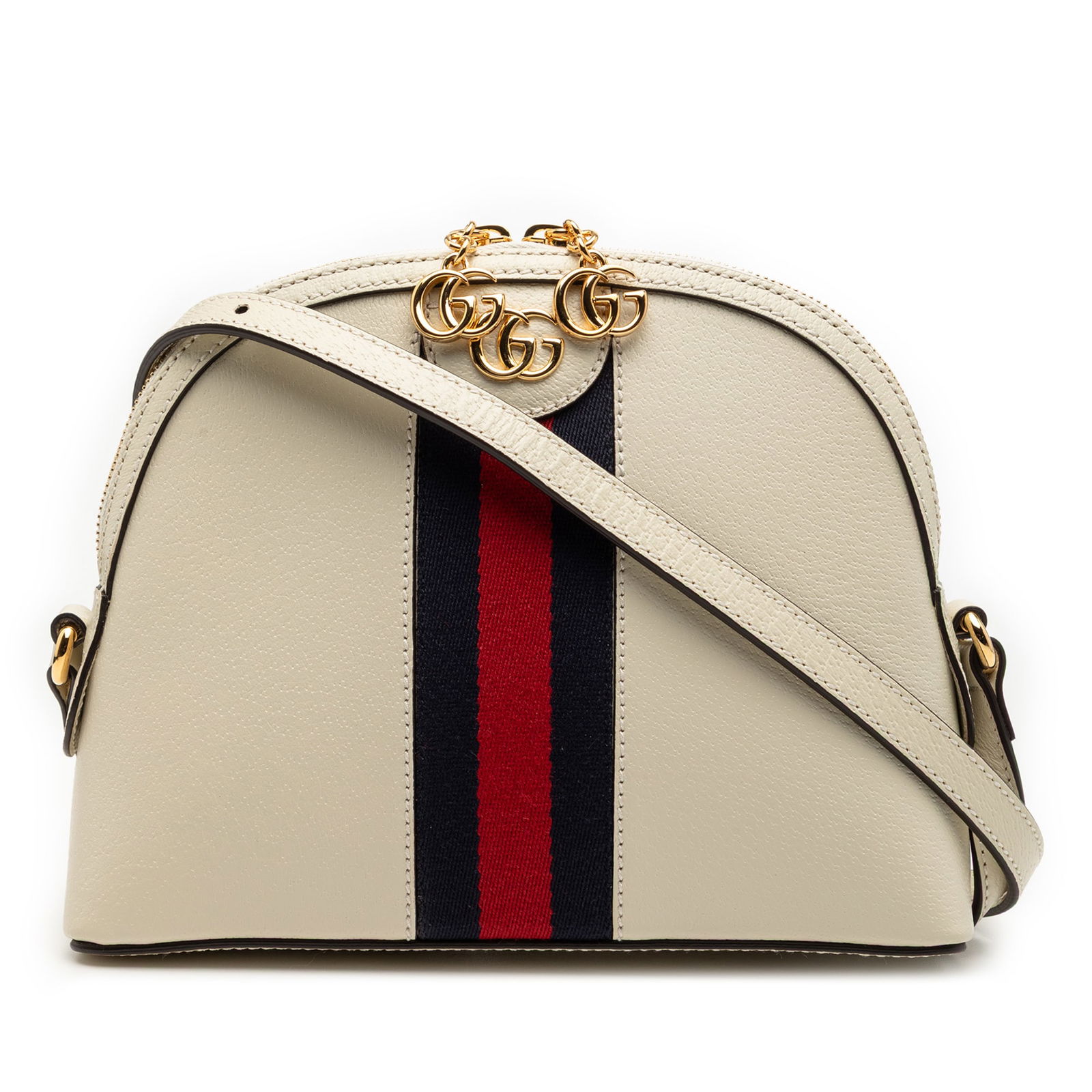 Gucci Ophidia Small White Leather Dome Crossbody Bag: Gucci Ophidia Small White Leather Dome Crossbody Bag This Gucci Small Calfskin Ophidia Dome Crossbody bag features a leather body with signature web detail, an adjustable flat leather strap, a top zip