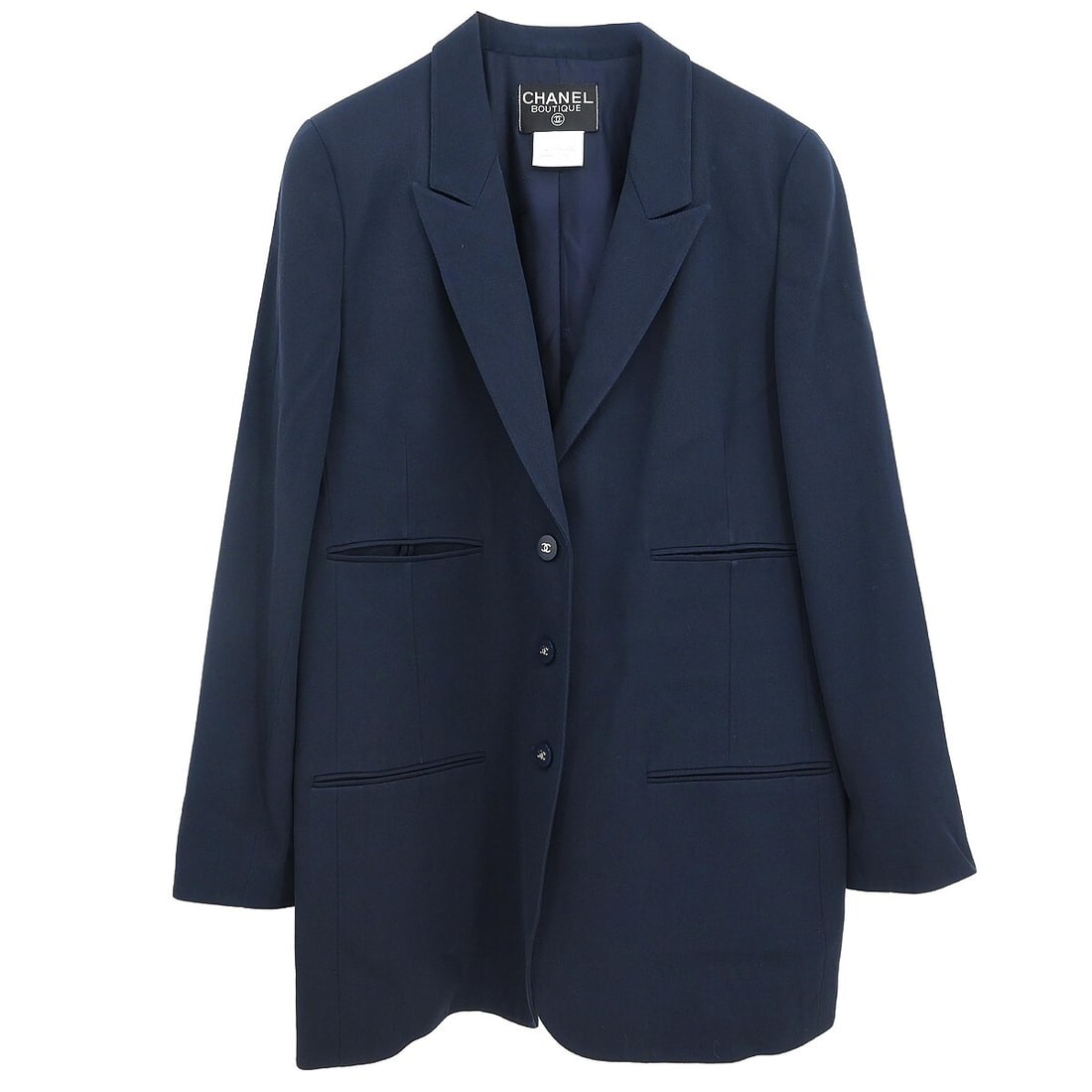 Chanel Vintage Navy Wool Single Breasted Jacket Size 40: Chanel Vintage Navy Wool Single Breasted Jacket Size 40 This Chanel single-breasted jacket is crafted from 100% wool, offering both warmth and sophistication, making it an ideal choice for the fall an