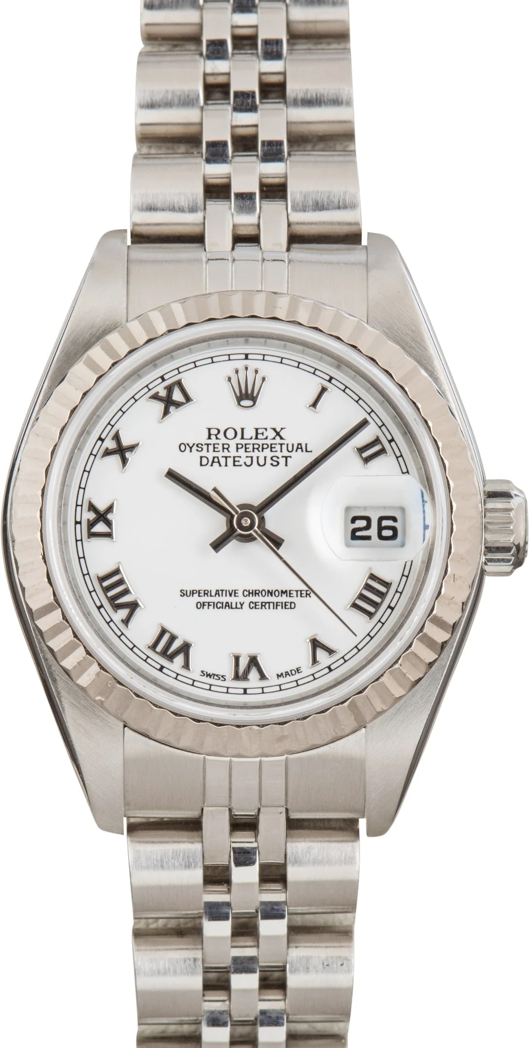 Ladies Datejust 79174 White Roman Dial Jubilee Bracelet with Papers 2002: Ladies Datejust 79174 White Roman Dial Jubilee Bracelet with Papers 2002 This ladies Rolex Datejust watch features a white Roman numeral dial, a fluted bezel, and a Jubilee bracelet. The timepiece is
