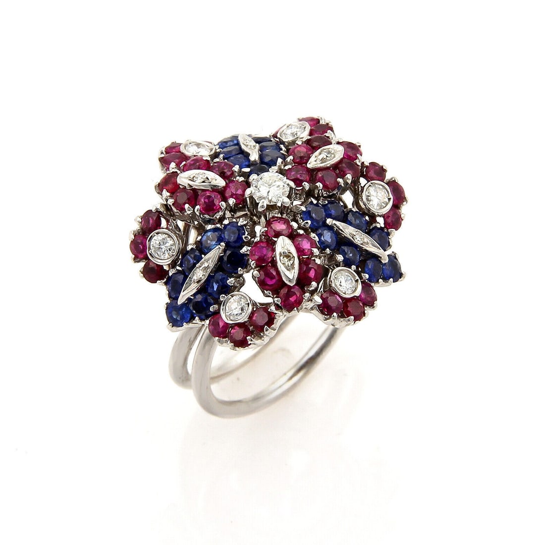 Estate 18k White Gold Cluster Ring with Diamonds Rubies Sapphires Size 7 (1 of 4)