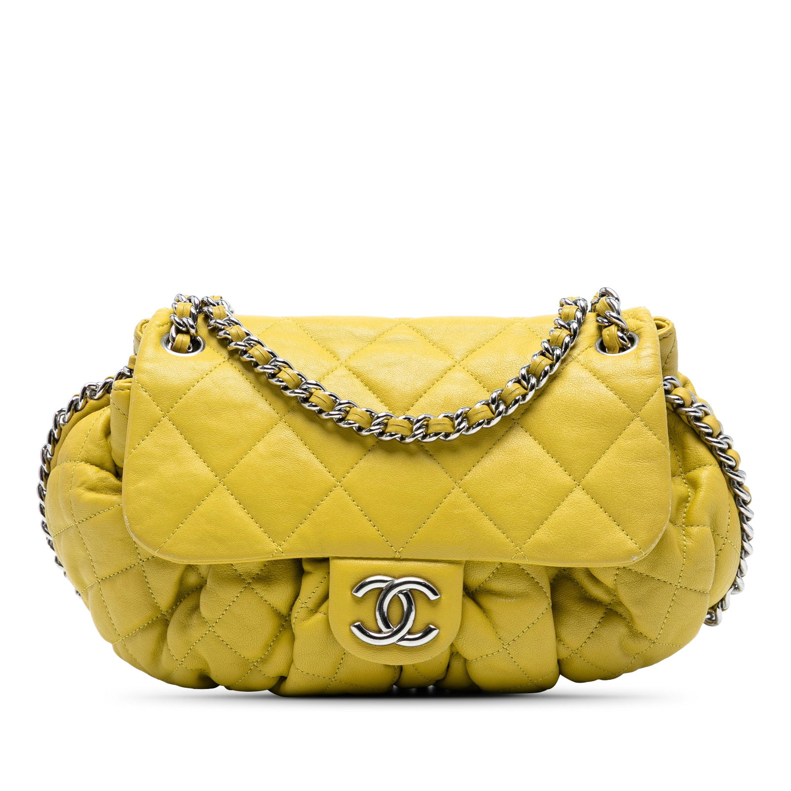 Chanel CC Quilted Lambskin Chain Around Flap Crossbody Bag Yellow: Chanel CC Quilted Lambskin Chain Around Flap Crossbody Bag Yellow This Chanel crossbody bag is crafted from luxurious quilted lambskin leather, featuring a vibrant yellow color that adds a pop of styl