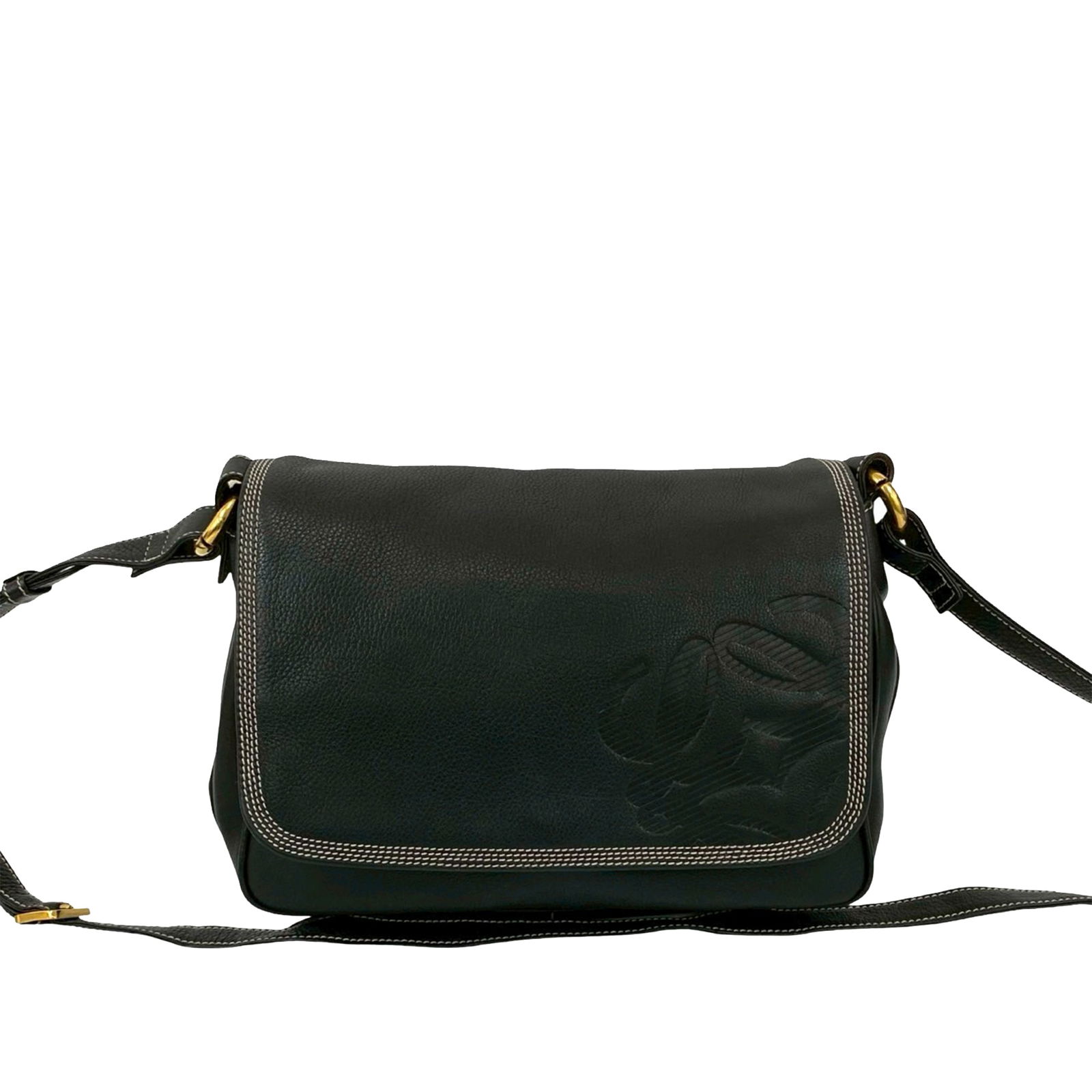 Black Loewe Anagram Flap Leather Crossbody Bag With Adjustable Strap: Black Loewe Anagram Flap Leather Crossbody Bag With Adjustable Strap This LOEWE Leather Anagram Flap Crossbody bag features a black leather body with a front flap secured by a magnetic snap closure. I