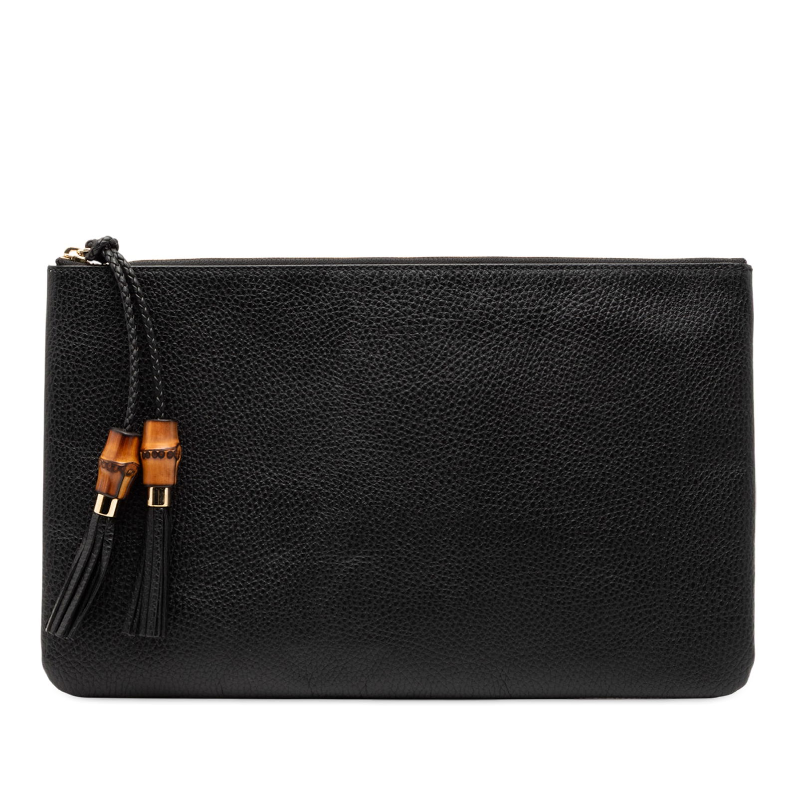 Gucci Leather Clutch with Bamboo Tassel Accent: Gucci Leather Clutch with Bamboo Tassel Accent This Gucci Calfskin Bamboo Tassel Clutch features a black leather body with a distinctive bamboo and tassel accent. It includes a top zip closure and an
