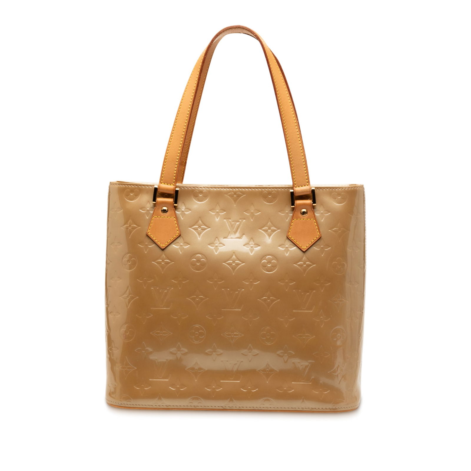 Louis Vuitton Houston Brown Monogram Vernis Leather Handbag: Louis Vuitton Houston Brown Monogram Vernis Leather Handbag This Louis Vuitton Monogram Vernis Houston handbag features a monogram vernis leather body with a glossy finish, flat vachetta leather