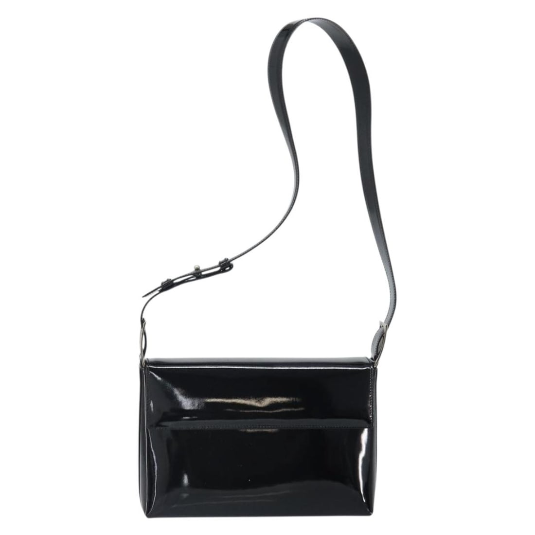 Black Patent Leather Vintage Shoulder Bag by Salvatore Ferragamo: Black Patent Leather Vintage Shoulder Bag by Salvatore Ferragamo This vintage Salvatore Ferragamo shoulder bag is crafted from black patent leather and designed for women. Made in Italy, it features