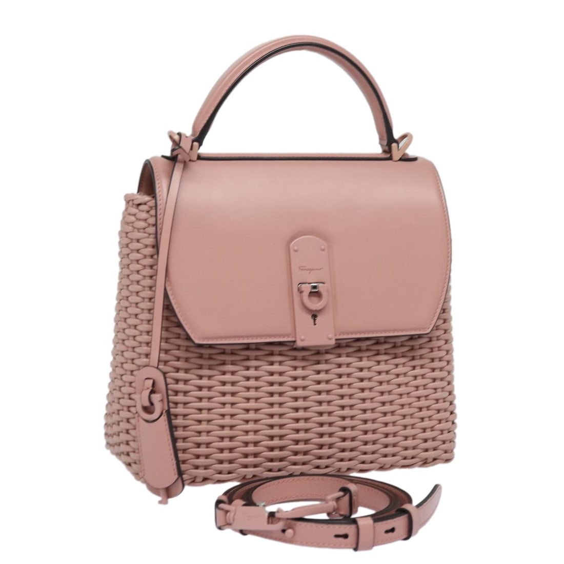 Boxyz Pink Leather Top Handle Bag by Salvatore Ferragamo: Boxyz Pink Leather Top Handle Bag by Salvatore Ferragamo This Salvatore Ferragamo Boxyz Top Handle Bag is crafted from woven pink leather and features a structured silhouette. Designed for women, it