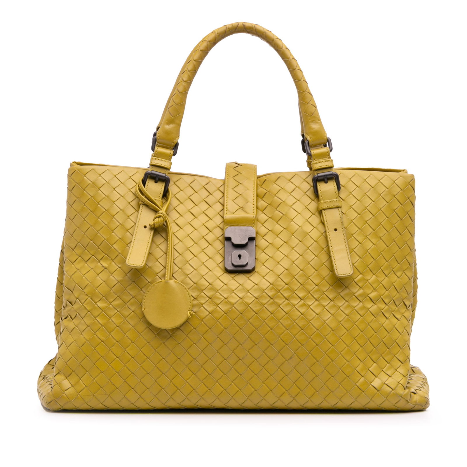 Bottega Veneta Medium Nappa Intrecciato Roma Tote Yellow Leather: Bottega Veneta Medium Nappa Intrecciato Roma Tote Yellow Leather The Bottega Veneta Medium Nappa Intrecciato Roma Tote is a stylish and functional bag crafted from high-quality woven nappa leather. Th
