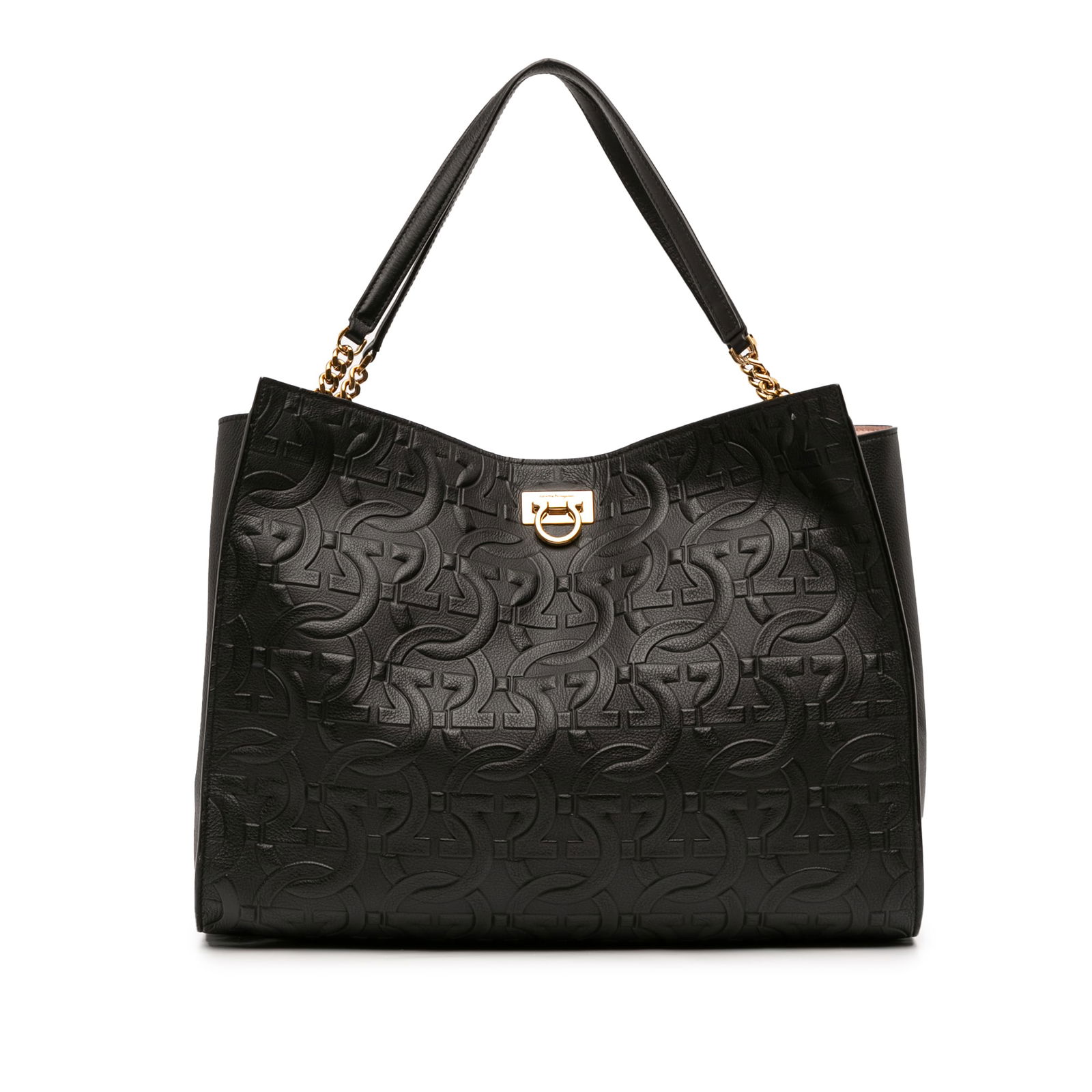 Gancini Black Leather Tote with Embossed Design and Removable Pouch: Gancini Black Leather Tote with Embossed Design and Removable Pouch This Ferragamo Gancini Embossed Calfskin Trifolio Tote features a black embossed leather body with both chain link and flat leather