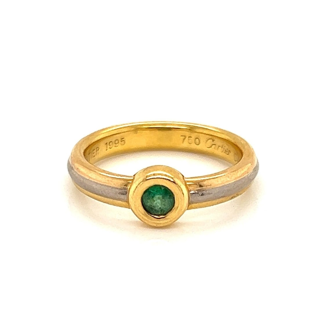 Cartier Emerald Accent 18k Tri Color Gold Band Ring With Certificate Size 6: Cartier Emerald Accent 18k Tri Color Gold Band Ring With Certificate Size 6 This Cartier ring features a classic stack band design crafted from 18k tri-color gold and set with an emerald. Signed by Ca