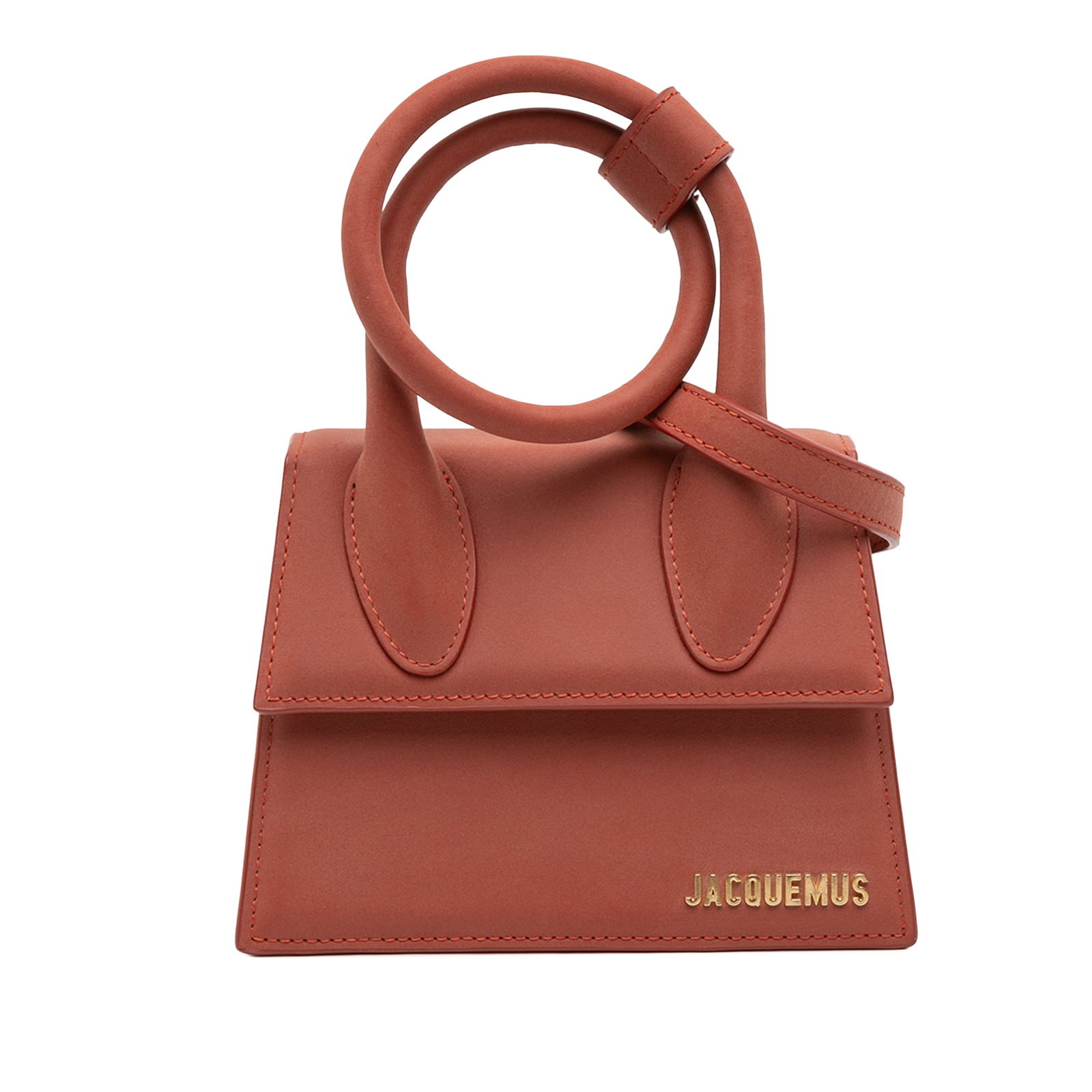 Red Nubuck Leather Le Chiquito Noeud Bag by Jacquemus with Coiled Handle: Red Nubuck Leather Le Chiquito Noeud Bag by Jacquemus with Coiled Handle This Jacquemus Le Chiquito Noeud bag features a red nubuck leather body with a distinctive coiled leather handle, a detachable