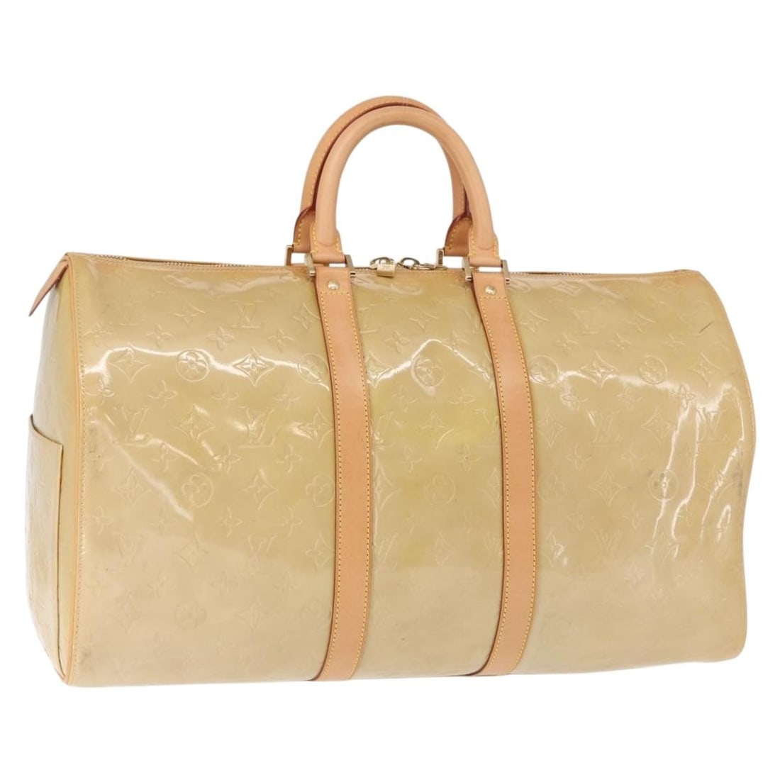 LOUIS VUITTON Monogram Vernis Beige Boston Bag M91000 Auth: LOUIS VUITTON Monogram Vernis Beige Boston Bag M91000 Auth Introducing the LOUIS VUITTON Monogram Vernis Mercer Boston Bag, a stylish and elegant addition to your accessory collection. Crafted in Fran