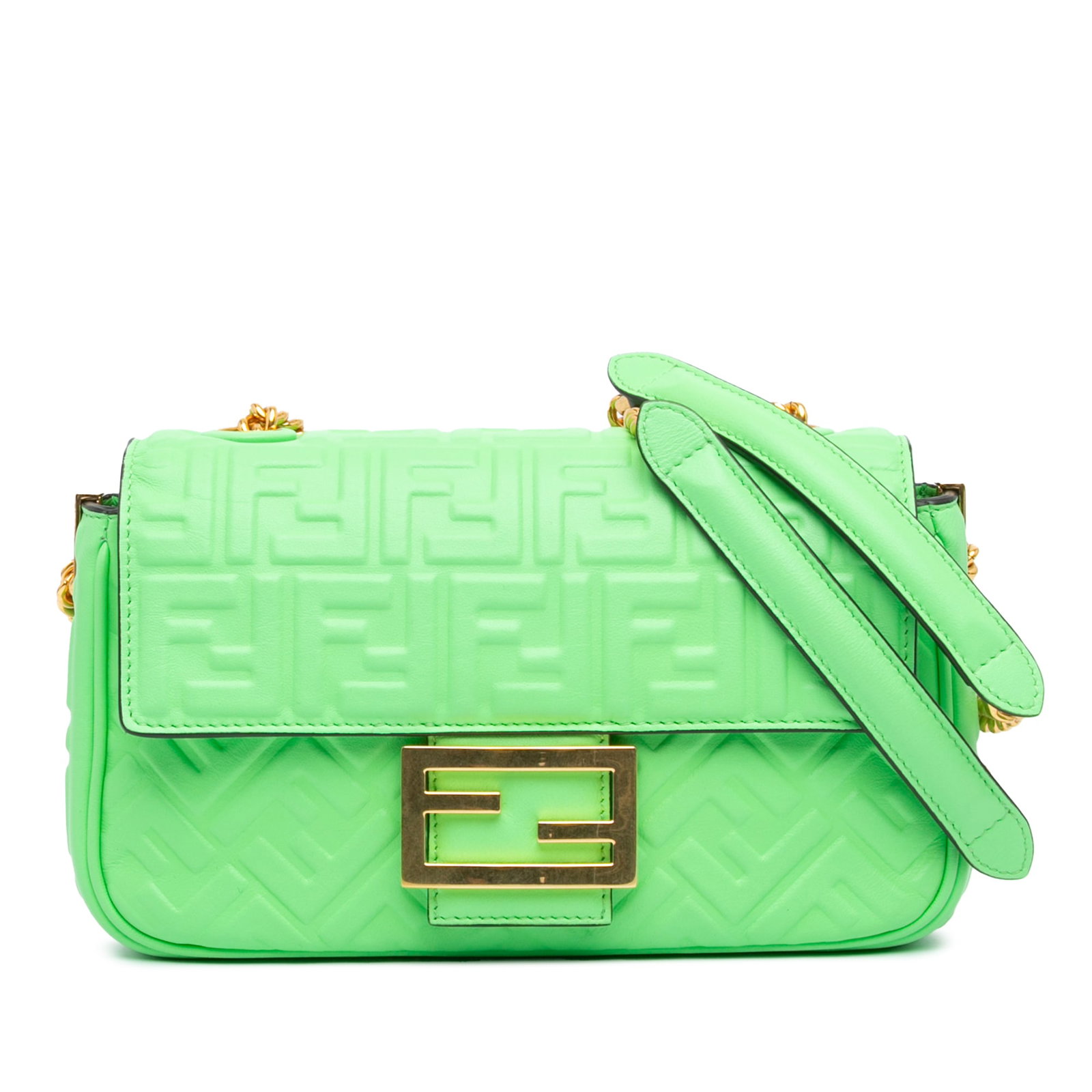 Fendi Zucca Embossed Leather Chain Midi Baguette Green Bag: Fendi Zucca Embossed Leather Chain Midi Baguette Green Bag Elevate your style with the Fendi Zucca Embossed Leather Chain Midi Baguette, a stunning shoulder bag crafted from embossed leather. This chi