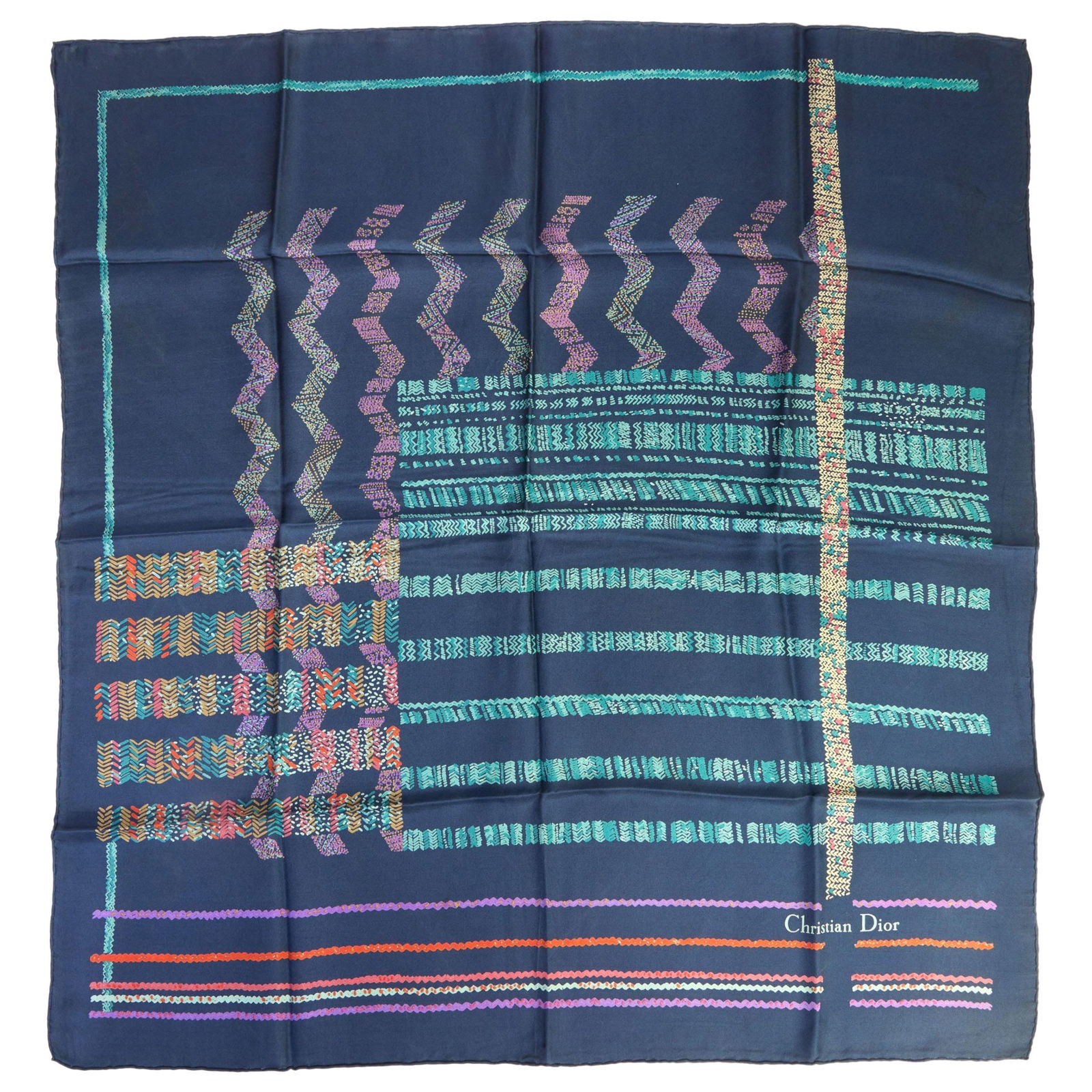 Christian Dior Vintage Navy Silk Scarf Geometric Design 29in: Christian Dior Vintage Navy Silk Scarf Geometric Design 29in Elevate your accessory collection with this stunning vintage silk scarf from Christian Dior. Featuring a sophisticated navy geometric desig