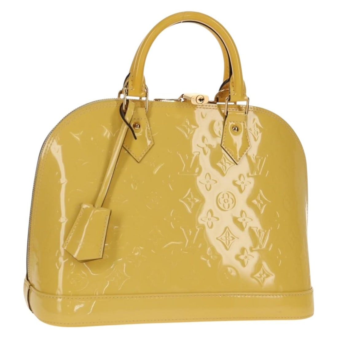 LOUIS VUITTON Alma PM Yellow Patent Leather Hand Bag M90101: LOUIS VUITTON Alma PM Yellow Patent Leather Hand Bag M90101 This exquisite LOUIS VUITTON Monogram Vernis Alma PM Bag in a vibrant Yellow Citrin is an elegant addition to any wardrobe. Crafted from hig