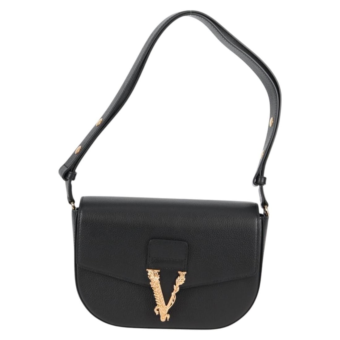 Versace Leather Virtus Flap Shoulder Bag Black 23x14x6cm: Versace Leather Virtus Flap Shoulder Bag Black 23x14x6cm This Versace Virtus flap shoulder bag is crafted from black leather and designed for women. It features a compact silhouette perfect for daily