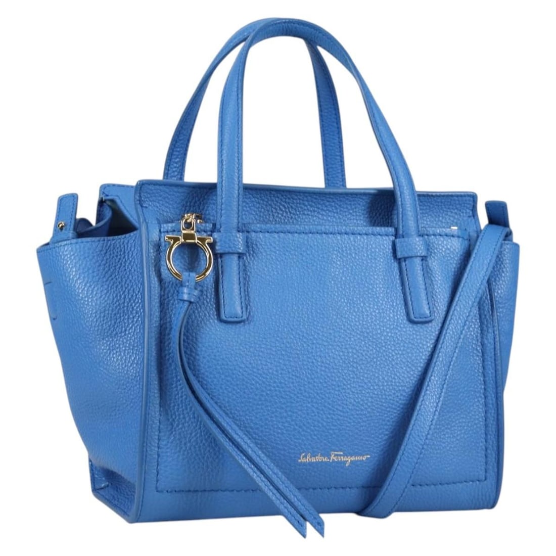 Salvatore Ferragamo Gancini Leather Hand Bag Blue Gold 2-Way Italy Auth 140859V: Salvatore Ferragamo Gancini Leather Hand Bag Blue Gold 2-Way Italy Auth 140859V This exquisite Salvatore Ferragamo Gancini Hand Bag showcases a beautiful combination of blue and gold leather, crafted