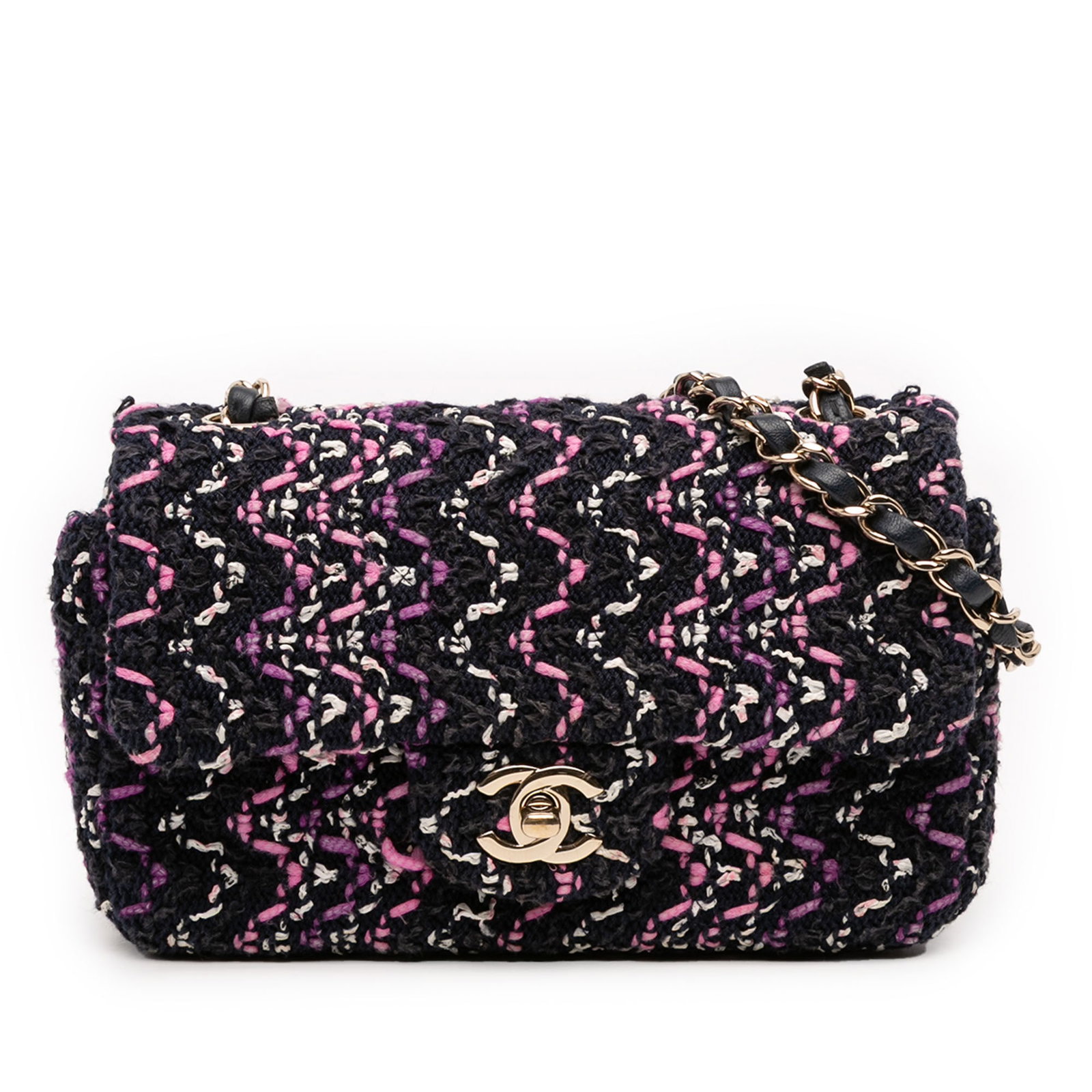 Chanel Multicolor Stitched Cotton Mini Rectangular Single Flap Shoulder Bag: Chanel Multicolor Stitched Cotton Mini Rectangular Single Flap Shoulder Bag This Chanel Mini Rectangular Classic Single Flap bag features a multicolor stitched cotton body with a single flap design. I