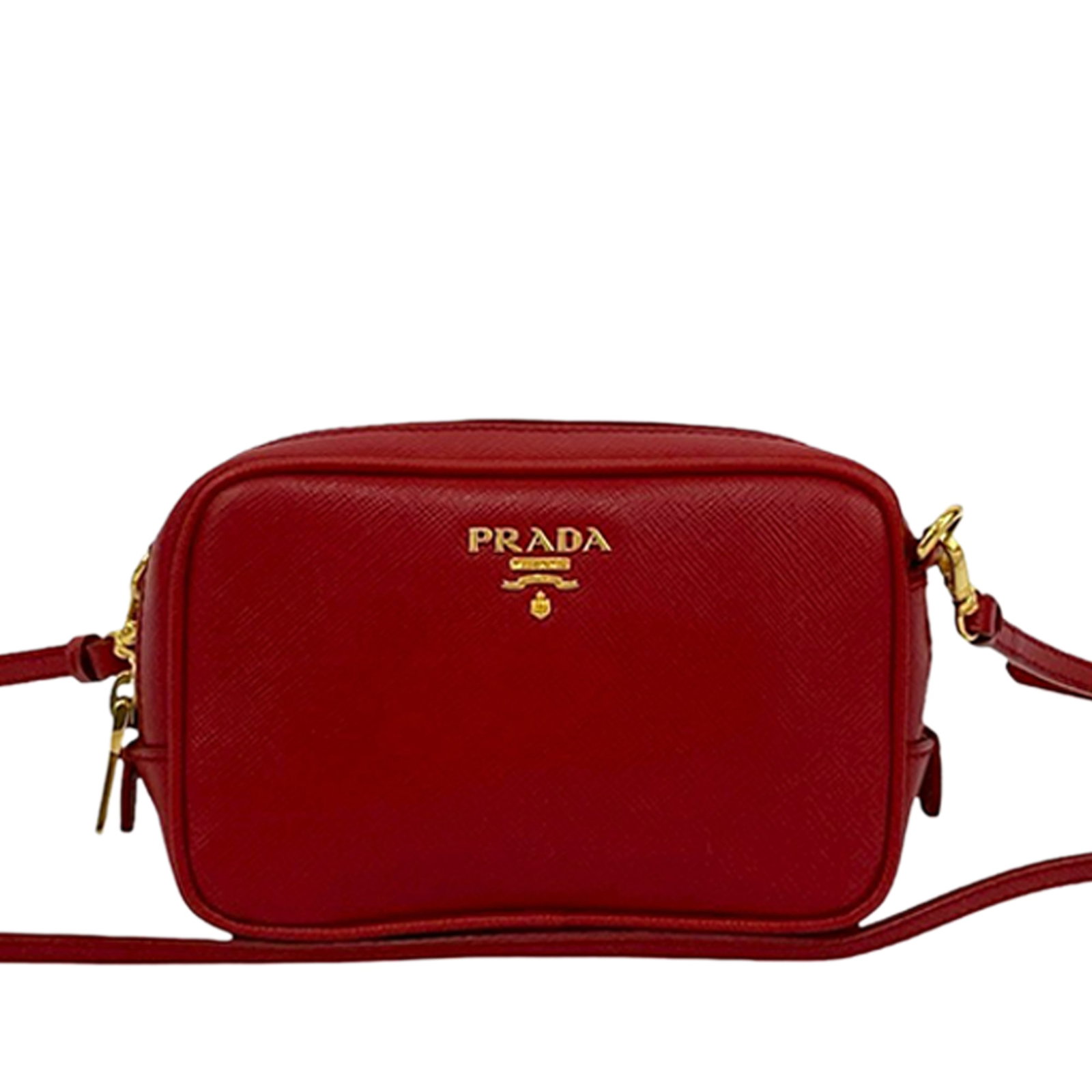 Red Prada Mini Saffiano Leather Crossbody Camera Bag: Red Prada Mini Saffiano Leather Crossbody Camera Bag This Prada Mini Saffiano Camera Bag is crafted from red leather and features a flat leather shoulder strap, a top zip closure, and interior slip po
