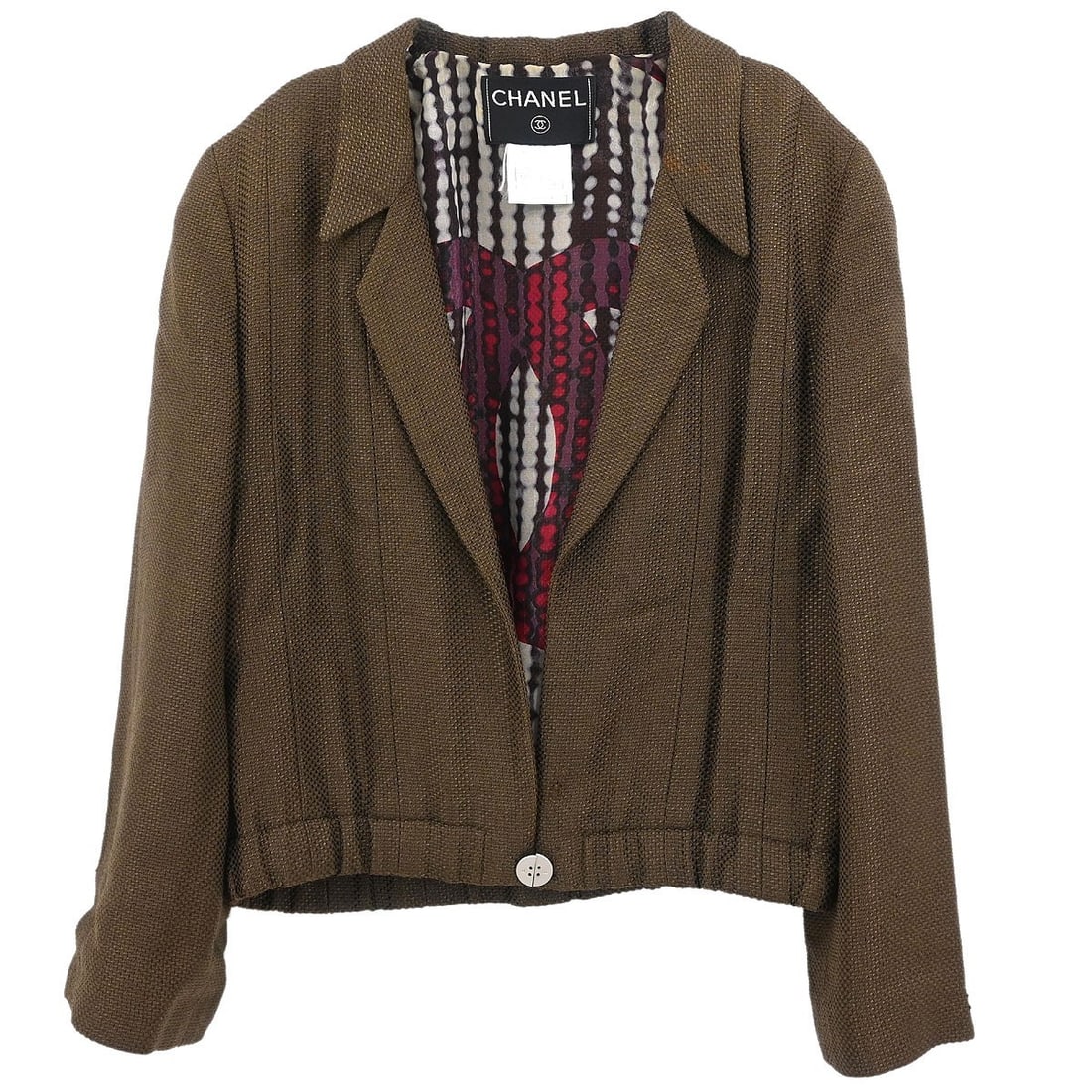 Chanel Vintage Brown Single Breasted Jacket 99P Size 34: Chanel Vintage Brown Single Breasted Jacket 99P Size 34 This vintage Chanel single-breasted jacket in a rich brown color is perfect for both casual and formal occasions. Crafted from a blend of 77% ra