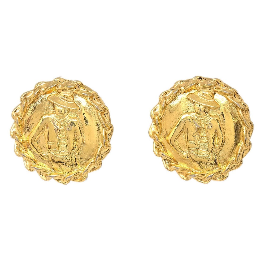 Gold Tone Logo Button Clip-On Earrings by Chanel: Gold Tone Logo Button Clip-On Earrings by Chanel These Chanel button-shaped clip-on earrings feature a classic logo theme and a gold-tone metal finish. Designed with a secure clip-on closure, they off